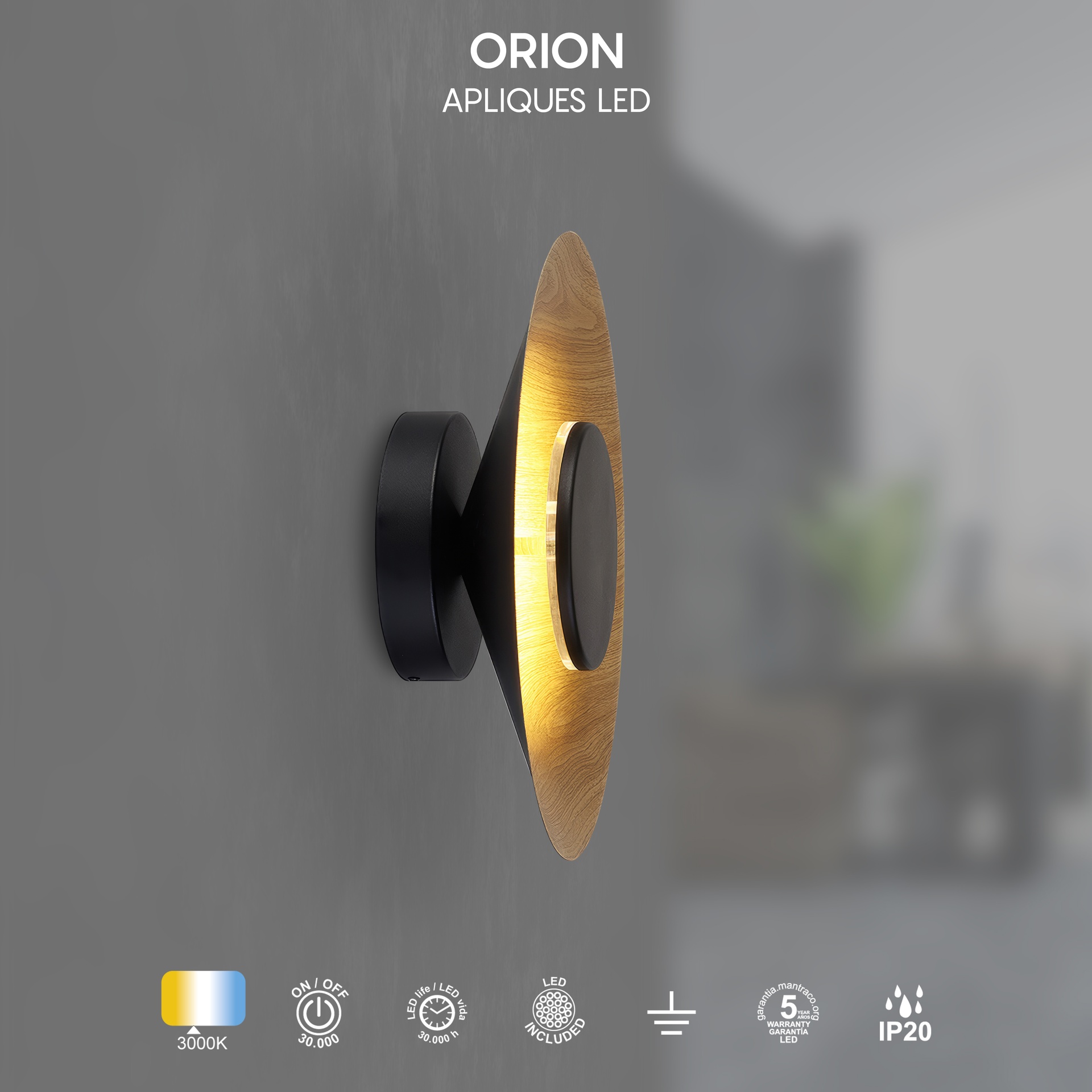 ORION * LED WALL LAMP 20W 3000K BLACK/ WOOD