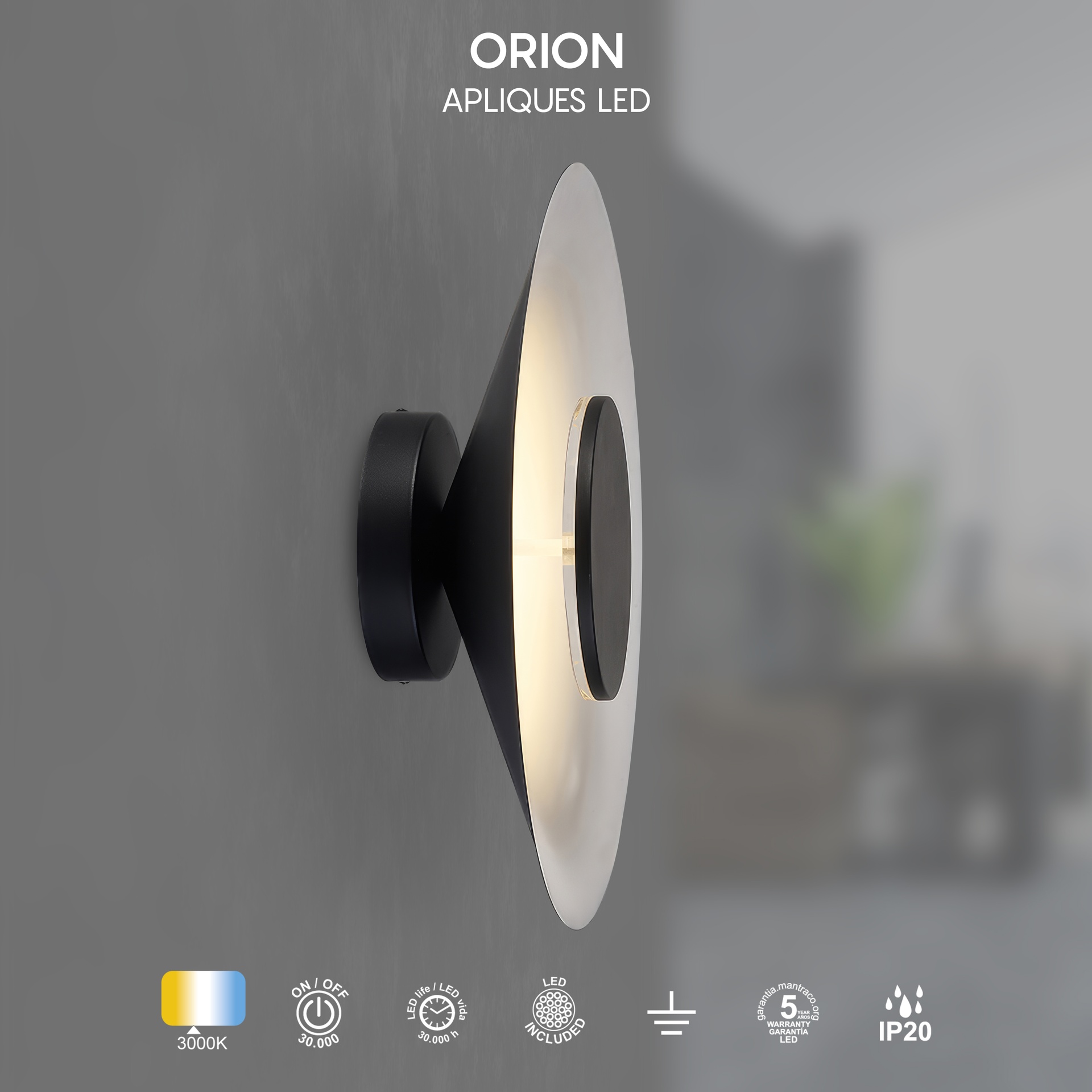 ORION * APPLIQUE LED 24W 3000K NERO