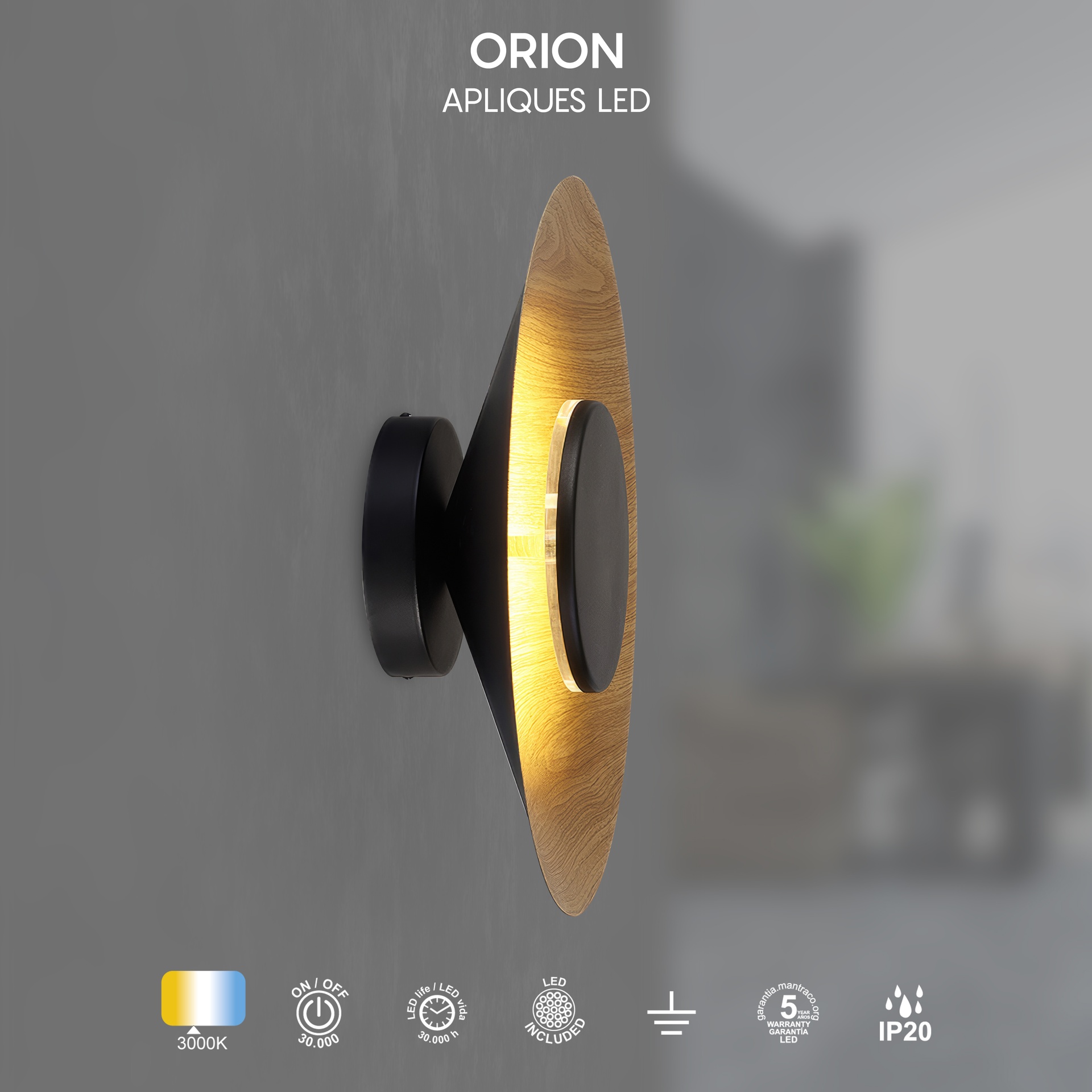 ORION * LED WALL LAMP 24W 3000K BLACK/ WOOD
