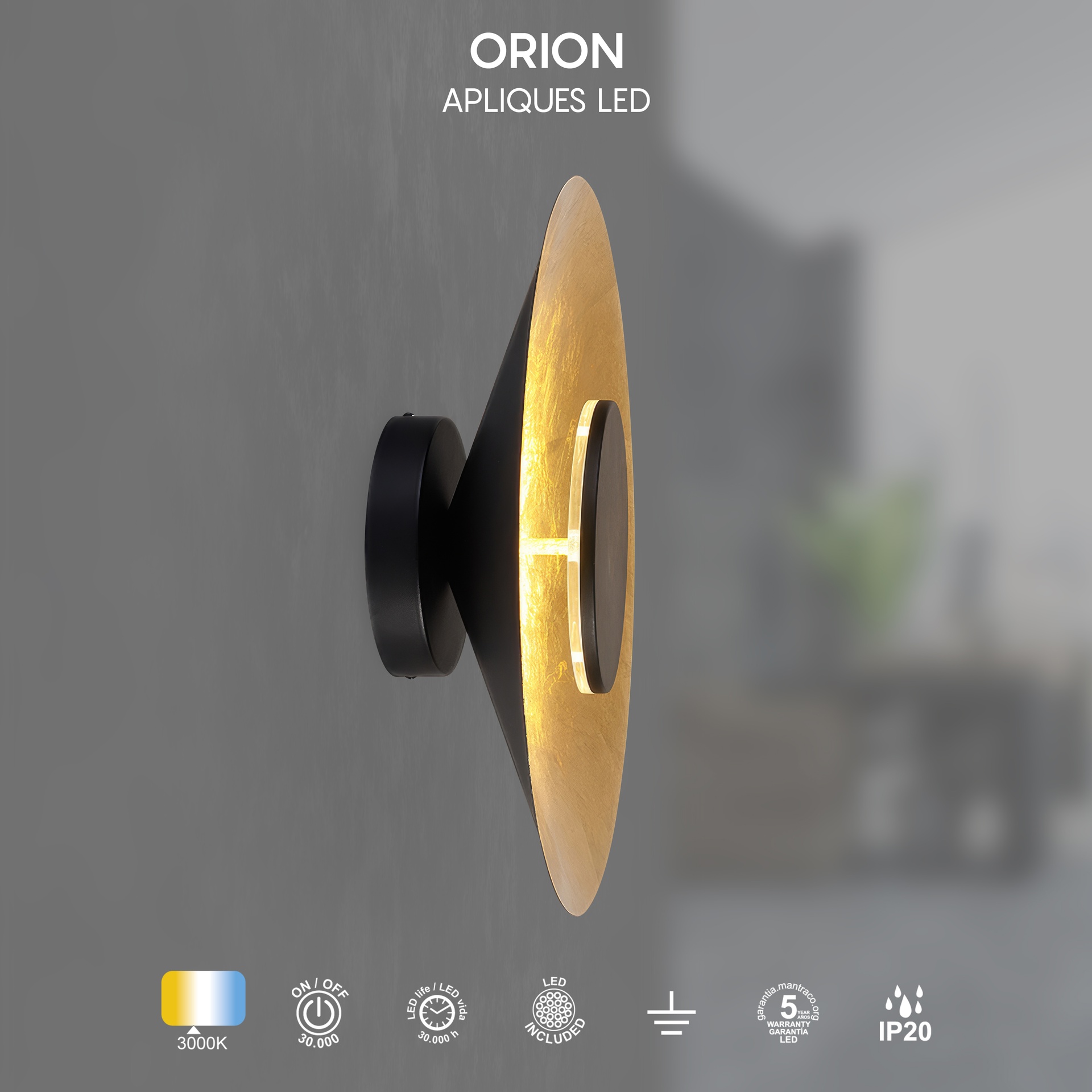 ORION * LED WALL LAMP 24W 3000K BLACK / PAN DE GOLD