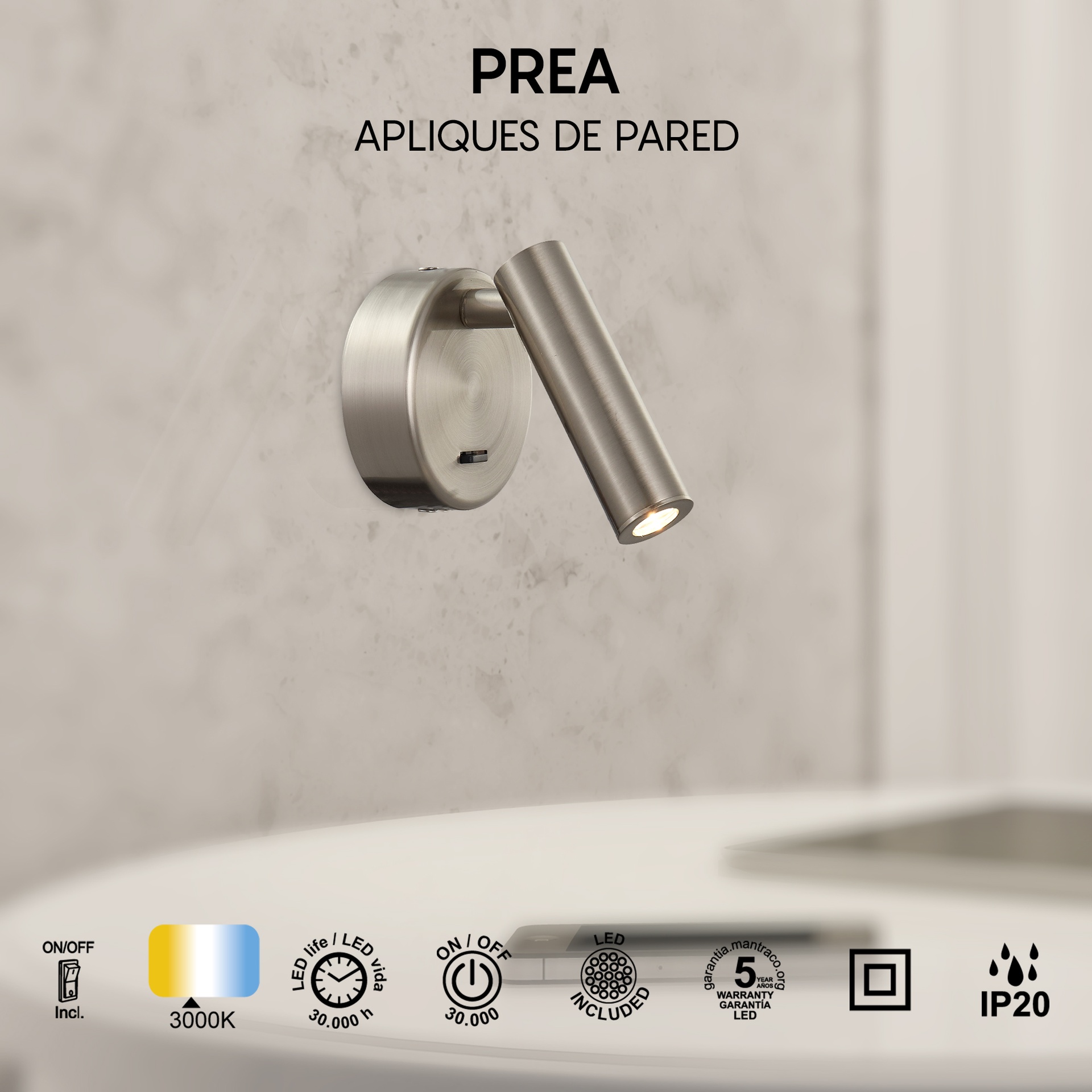 PREA * APPLIQUE NICHEL SATINATO ATO LETTORE LED 3W 3000K