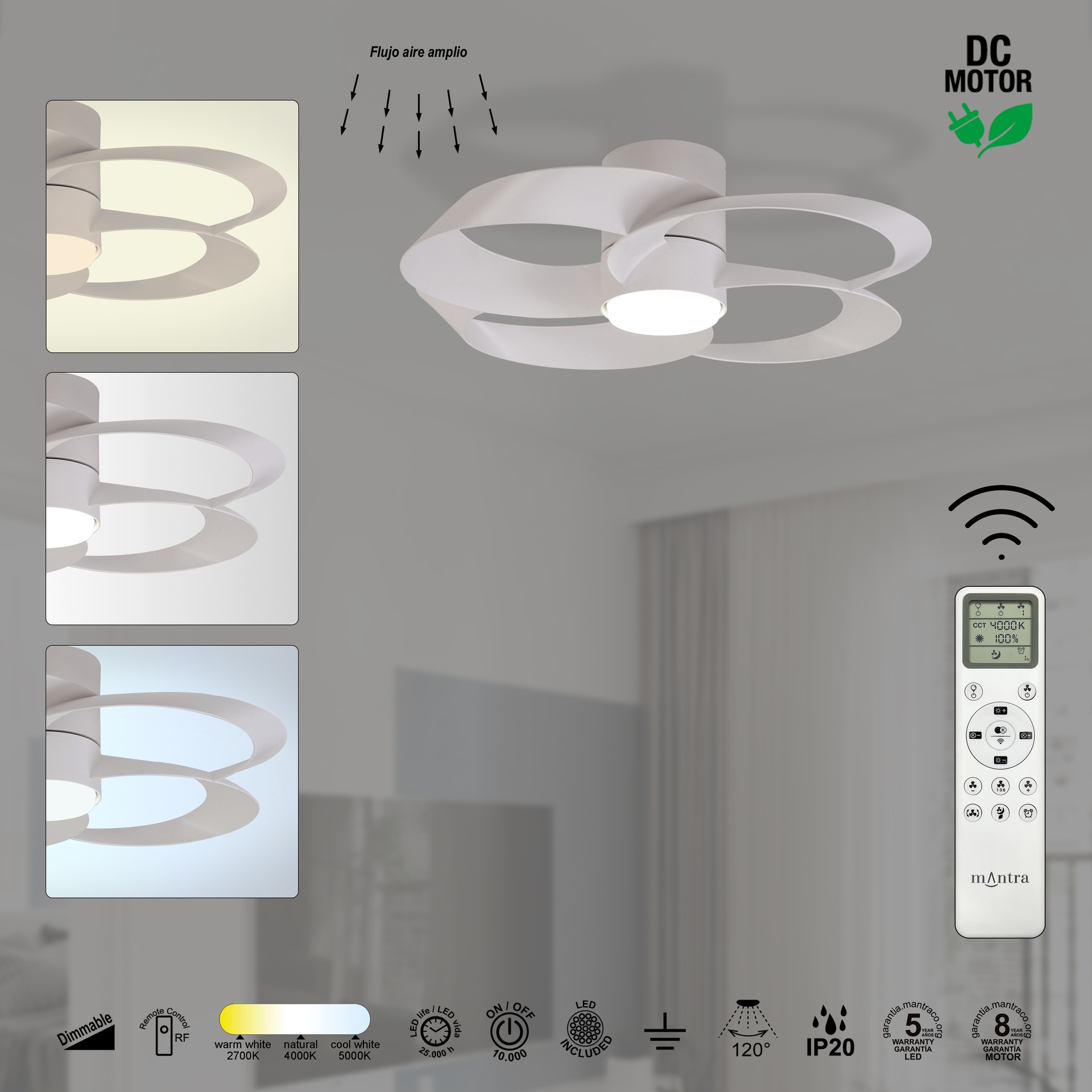 Rose · Ventilador de aspas con luz · Blanco