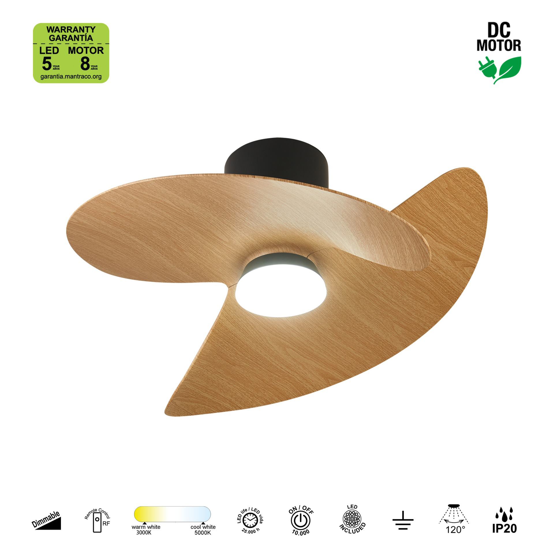 Ona · Ventilateur de plafond avec éclairage · Noir / Bois