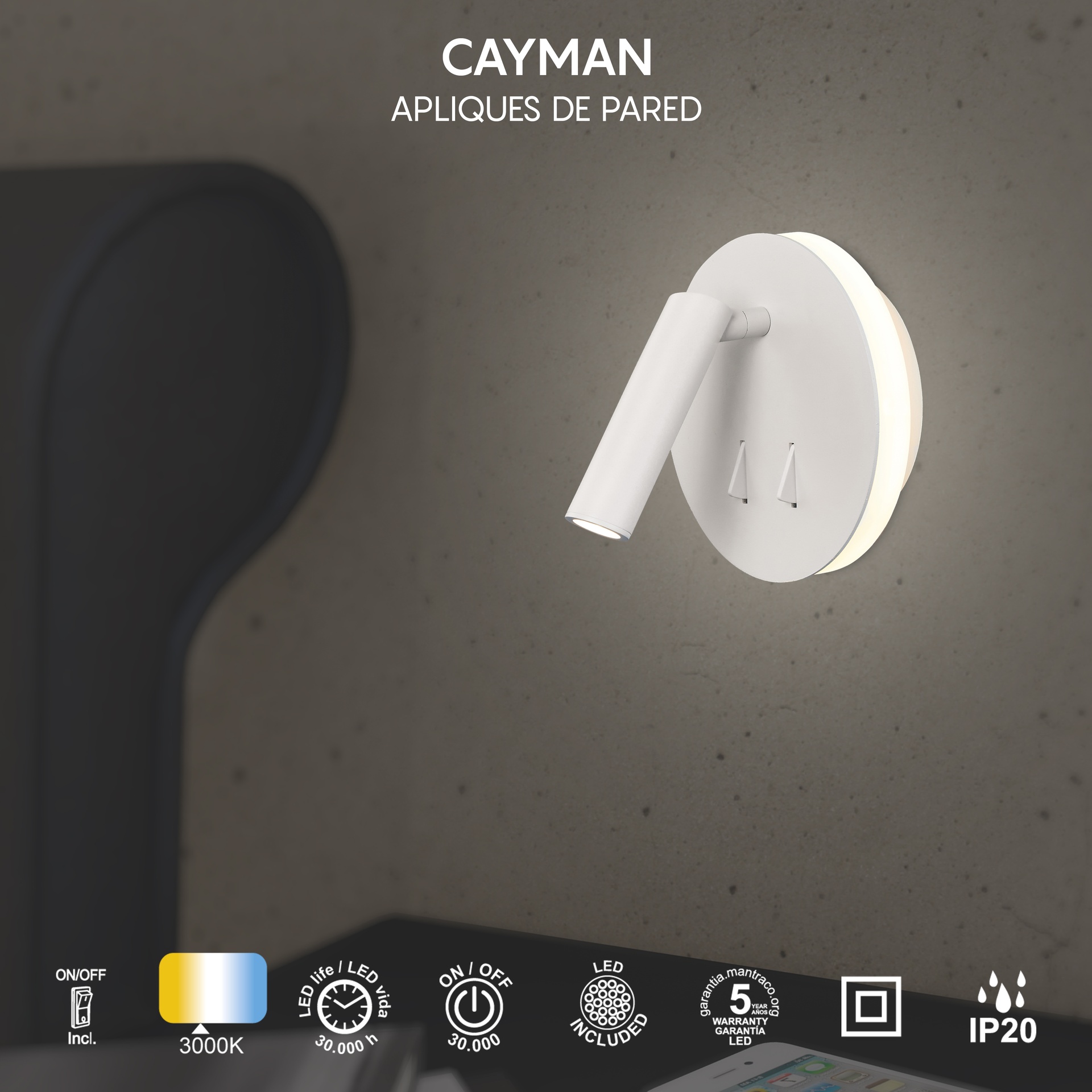CAYMAN R* WHITE LED READING/WALL LAMP  3W+6W 3000K