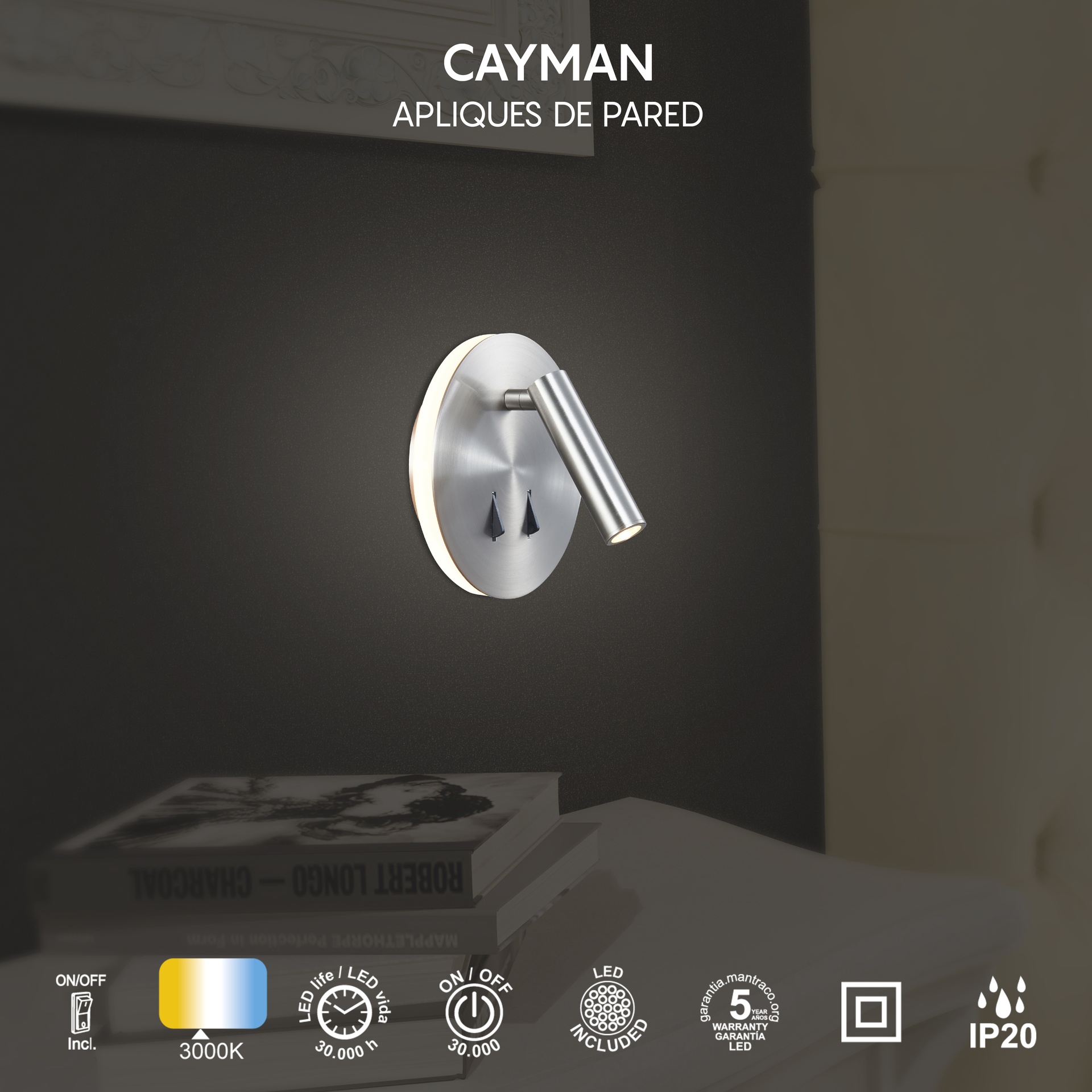 CAYMAN R* LED WALL LAMP/ READING - SATIN NICKEL  3W+6W 3000K