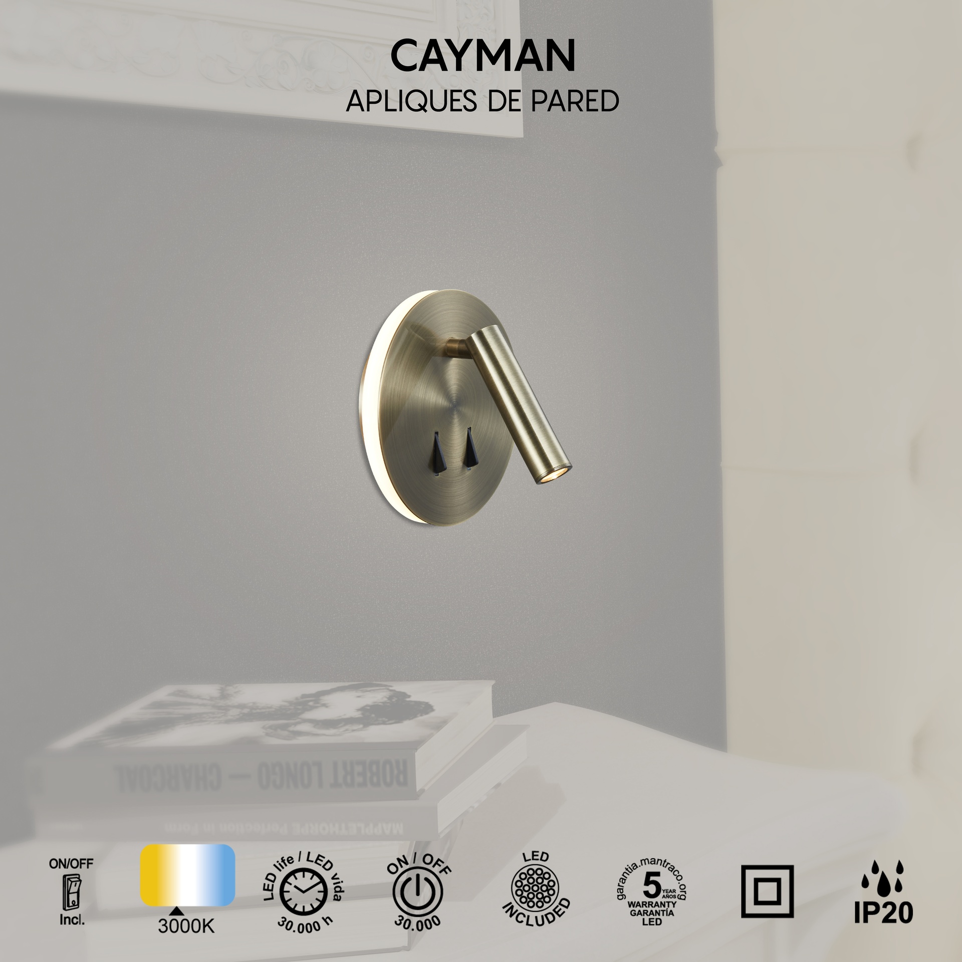 CAYMAN R* APPLIQUE CUOIO LETTORE LED 3W+6W 3000K