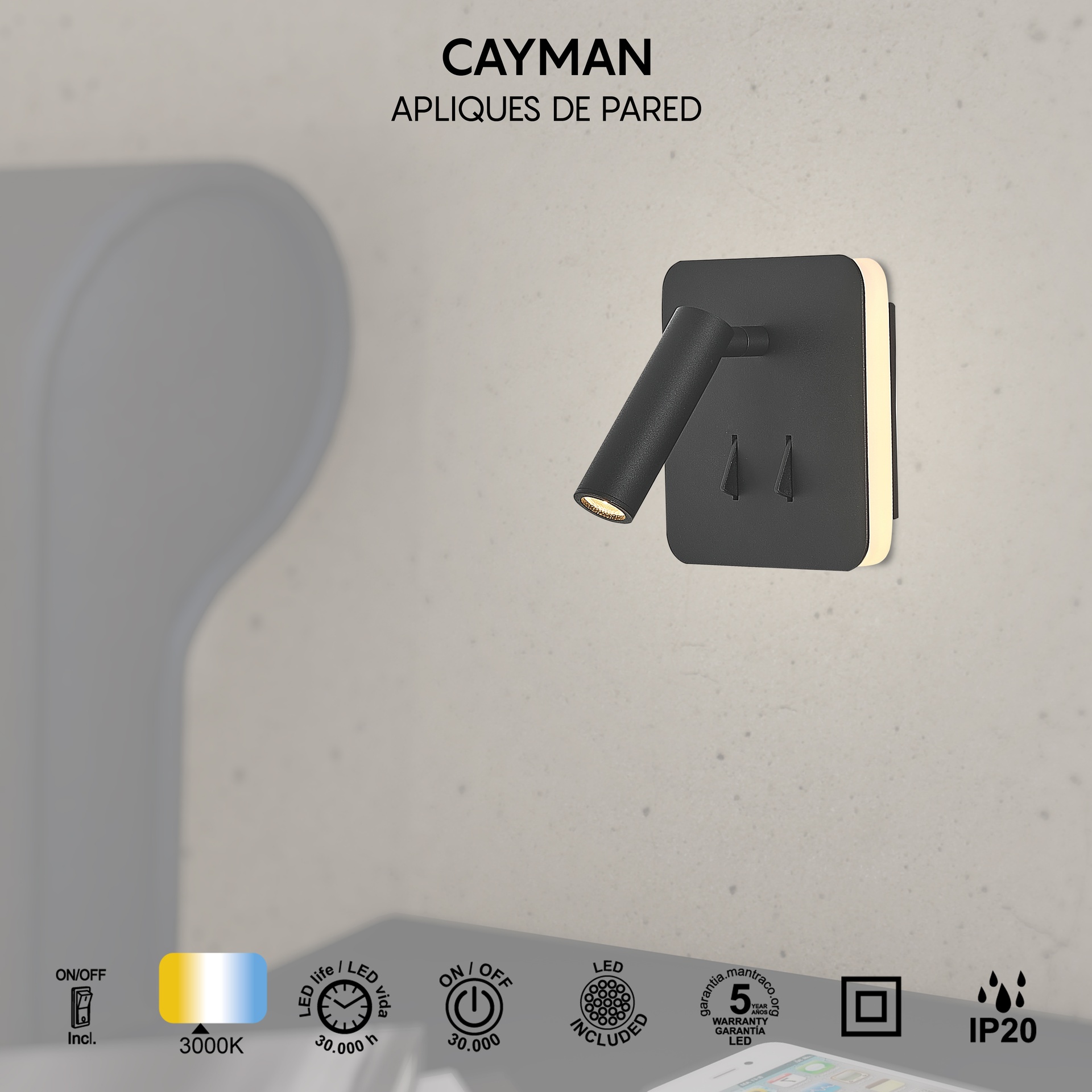 Cayman · Lampade da parete · Nero opaco