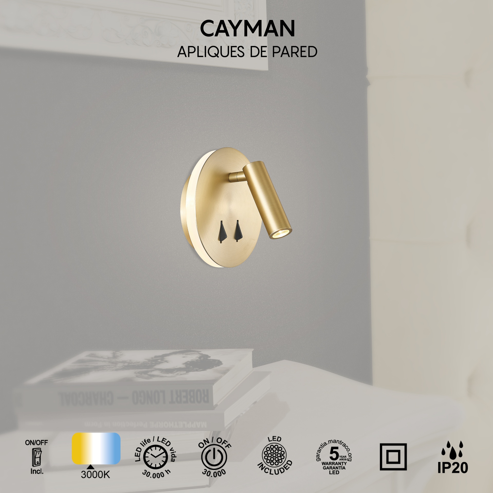 CAYMAN R* LED READING WALL LAMP 3W+6W 3000K GOLD MATE