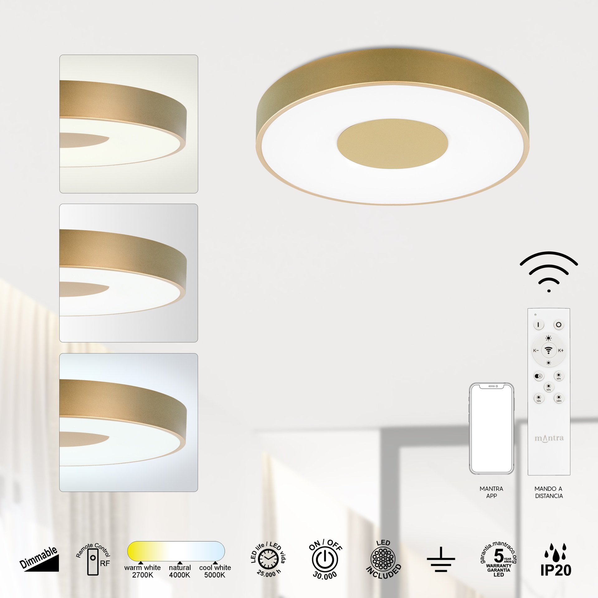 COIN * PLAFONNIER LED ROND 80W - 2700-5000K - AVEC TÉLÉCOMMANDE - OR