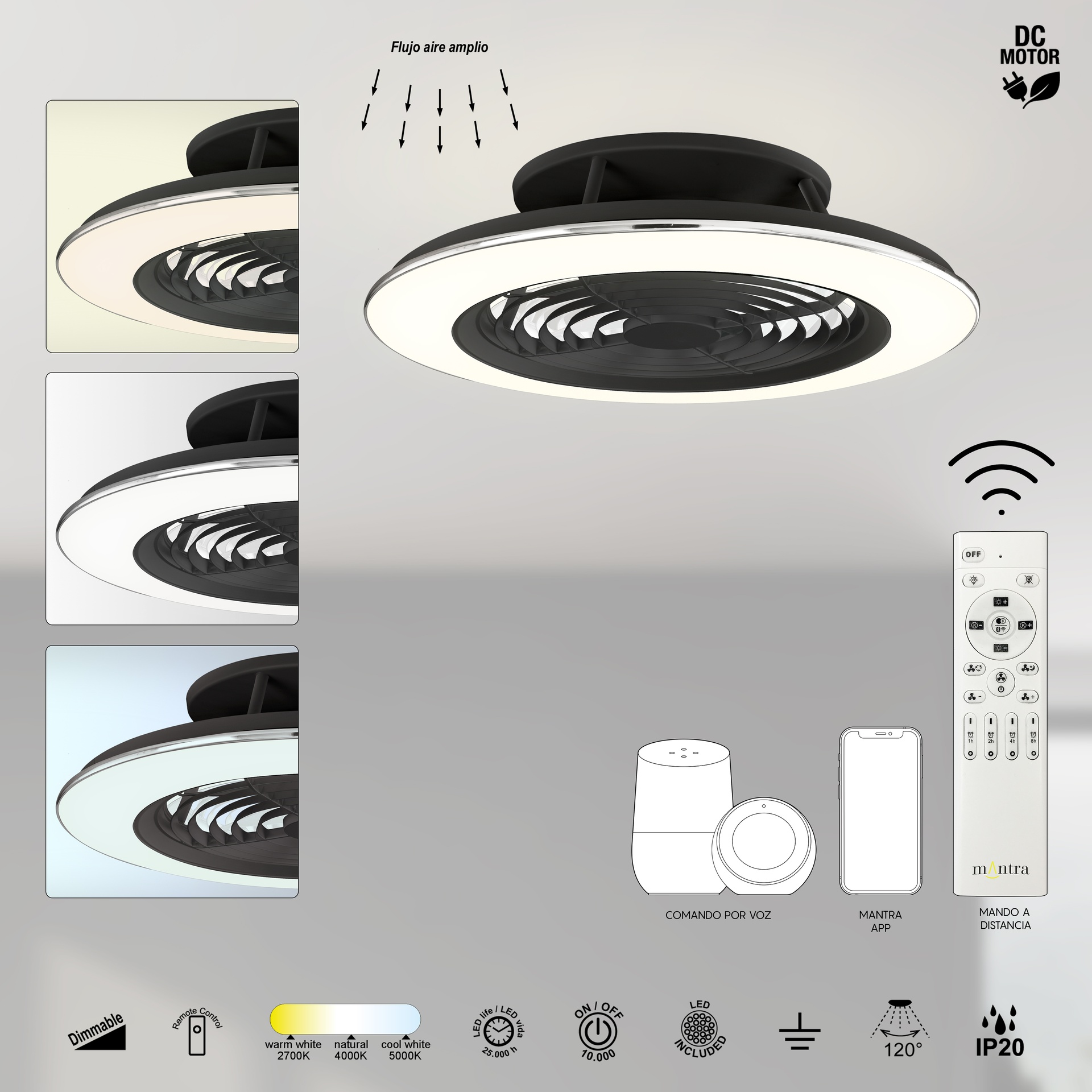 ALISIO XL * VENTILATORE NERO LED CON TELECOMANDO
