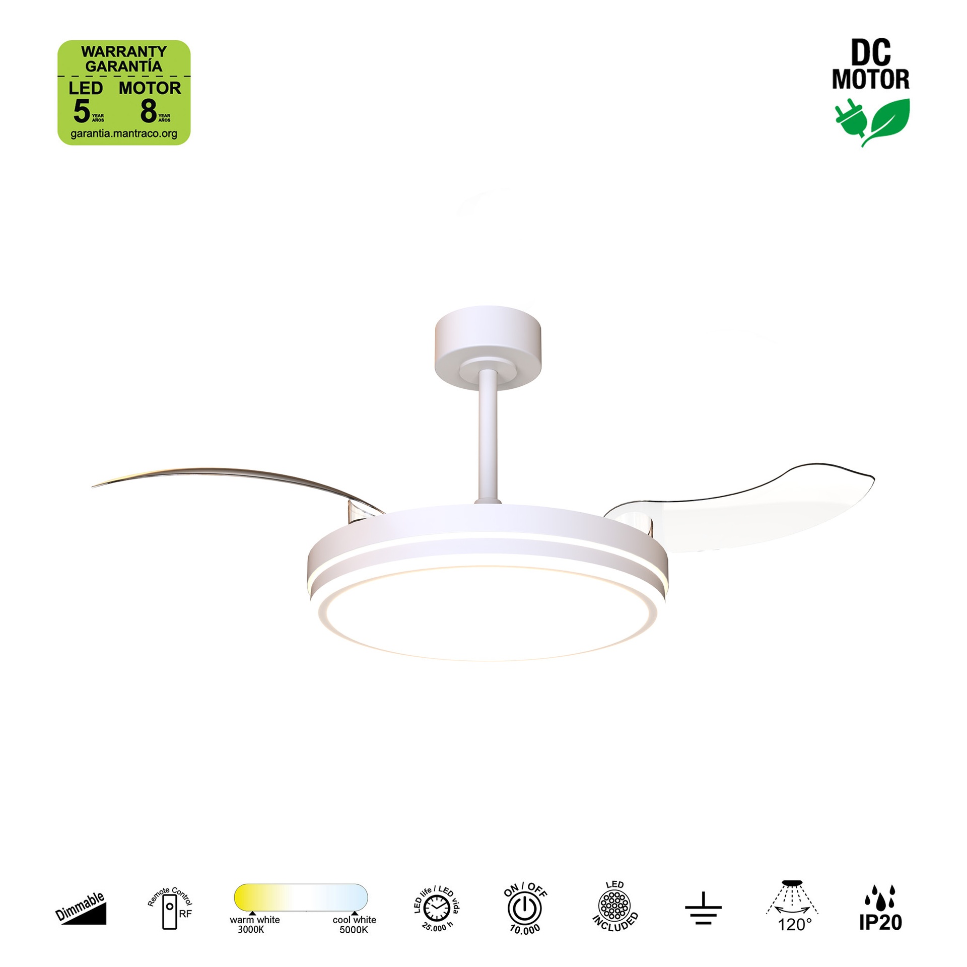 Luna M · Ventilador de aspas desplegables con luz · Blanco