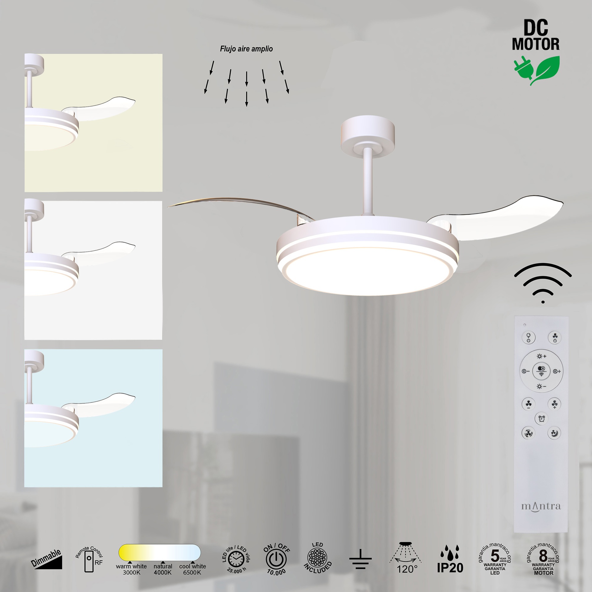 Luna M · Ventilador de aspas desplegables con luz · Blanco