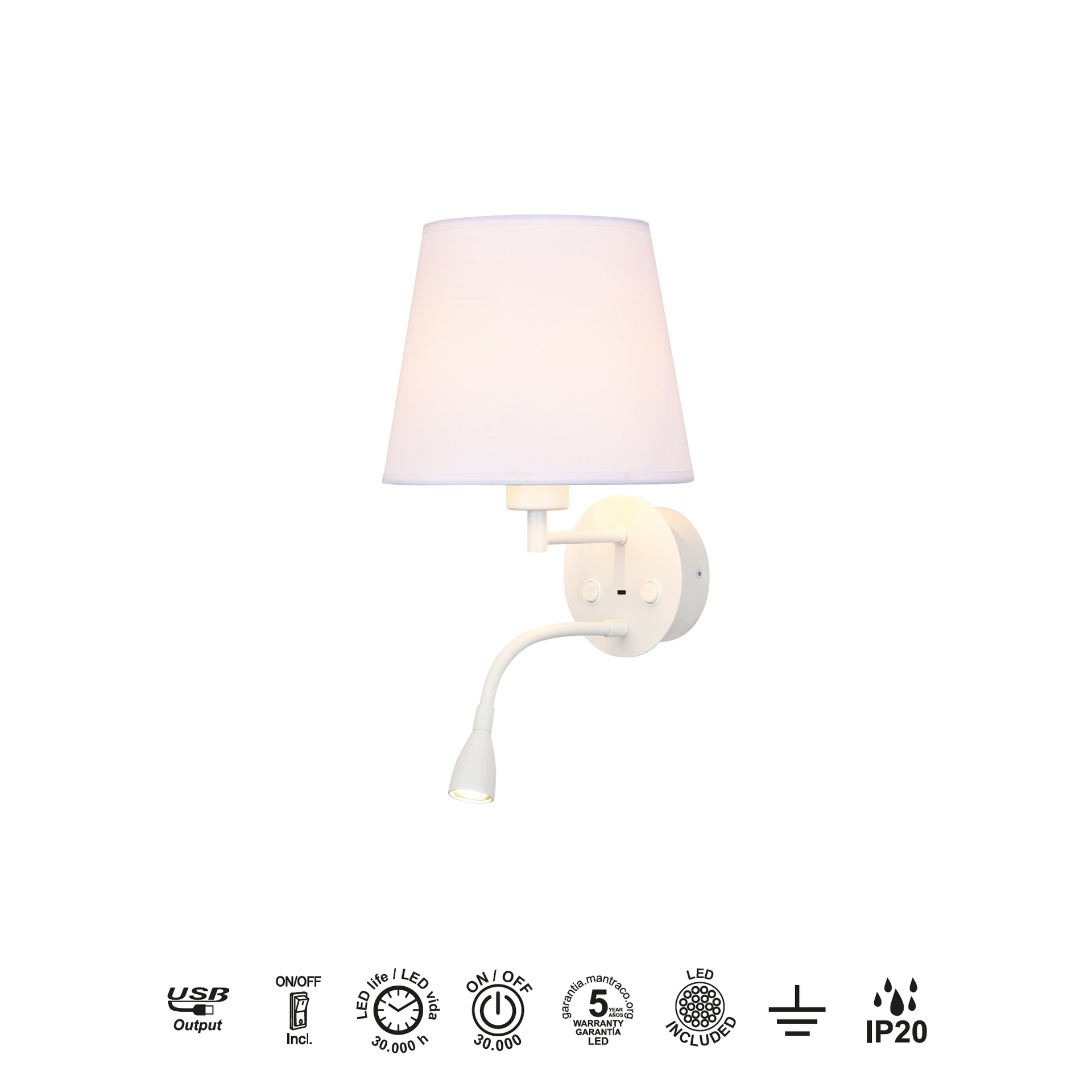 CAICOS * APPLIQUE BIANCO 1L E27+ LETTORE LED 3W 3000K + TYPE-C CHARGER