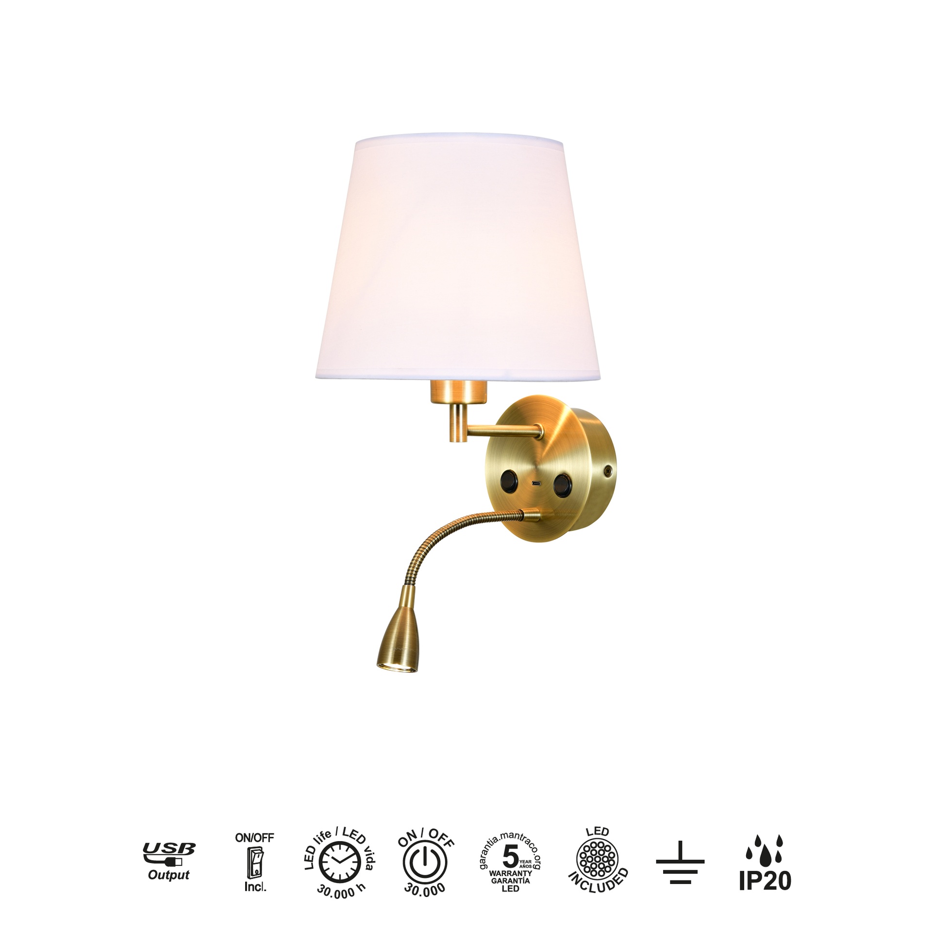 CAICOS * WALL LAMP ANTIQUE BRASS 1L E27+ LECTOR LED 3W 3000K + TYPE-C CHARGER