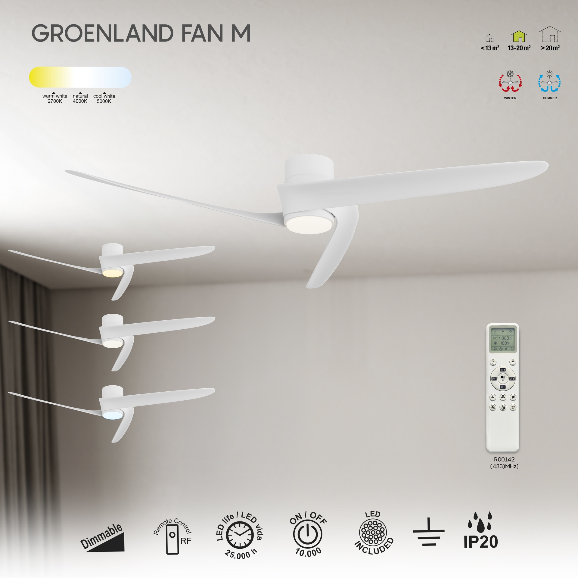 GROENLAND M* LED FAN CEILING WHITE 20W-2700K-5000K *****F*****
