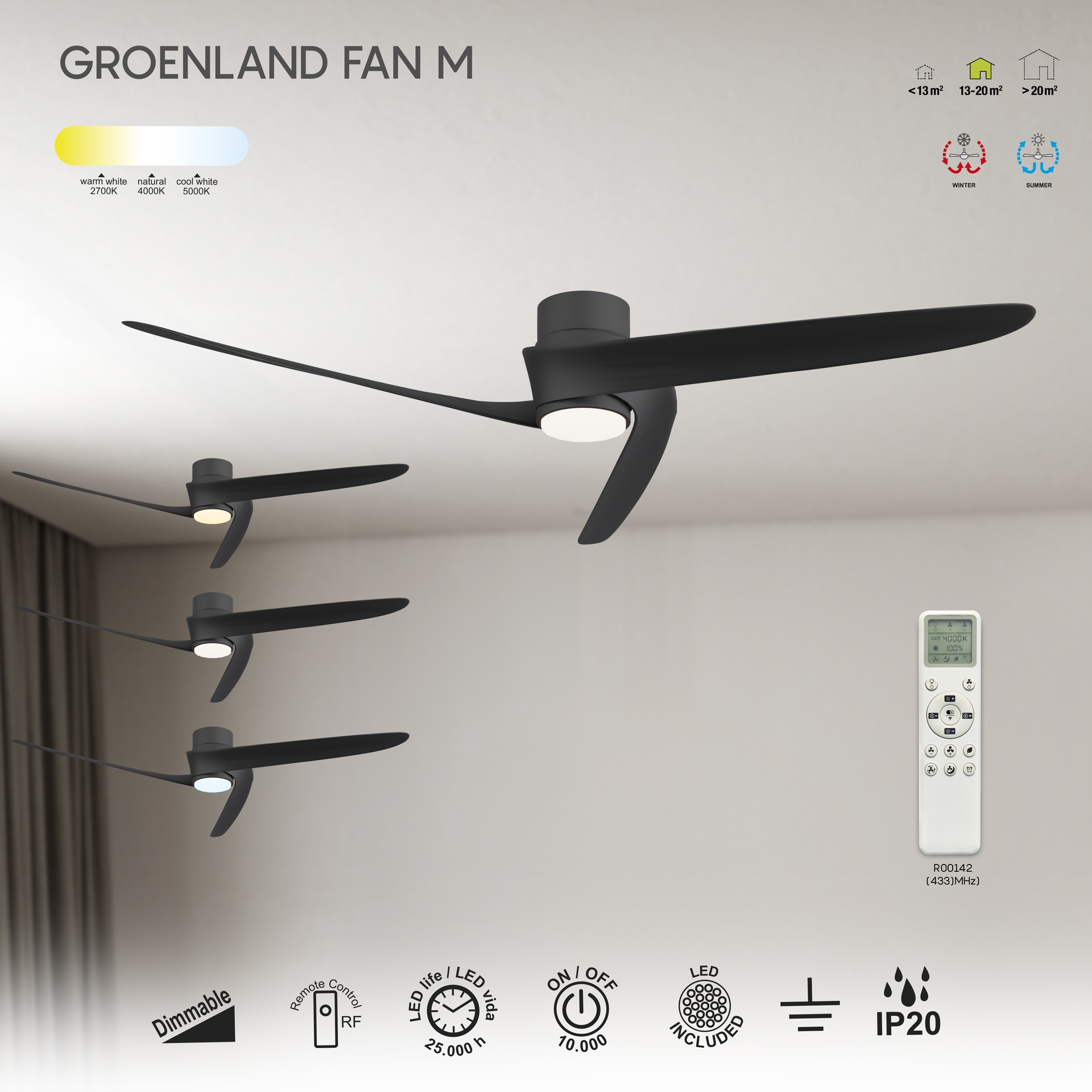 GROENLAND M* VENTILATORE LED 20W-2700K-5000K  ****L****