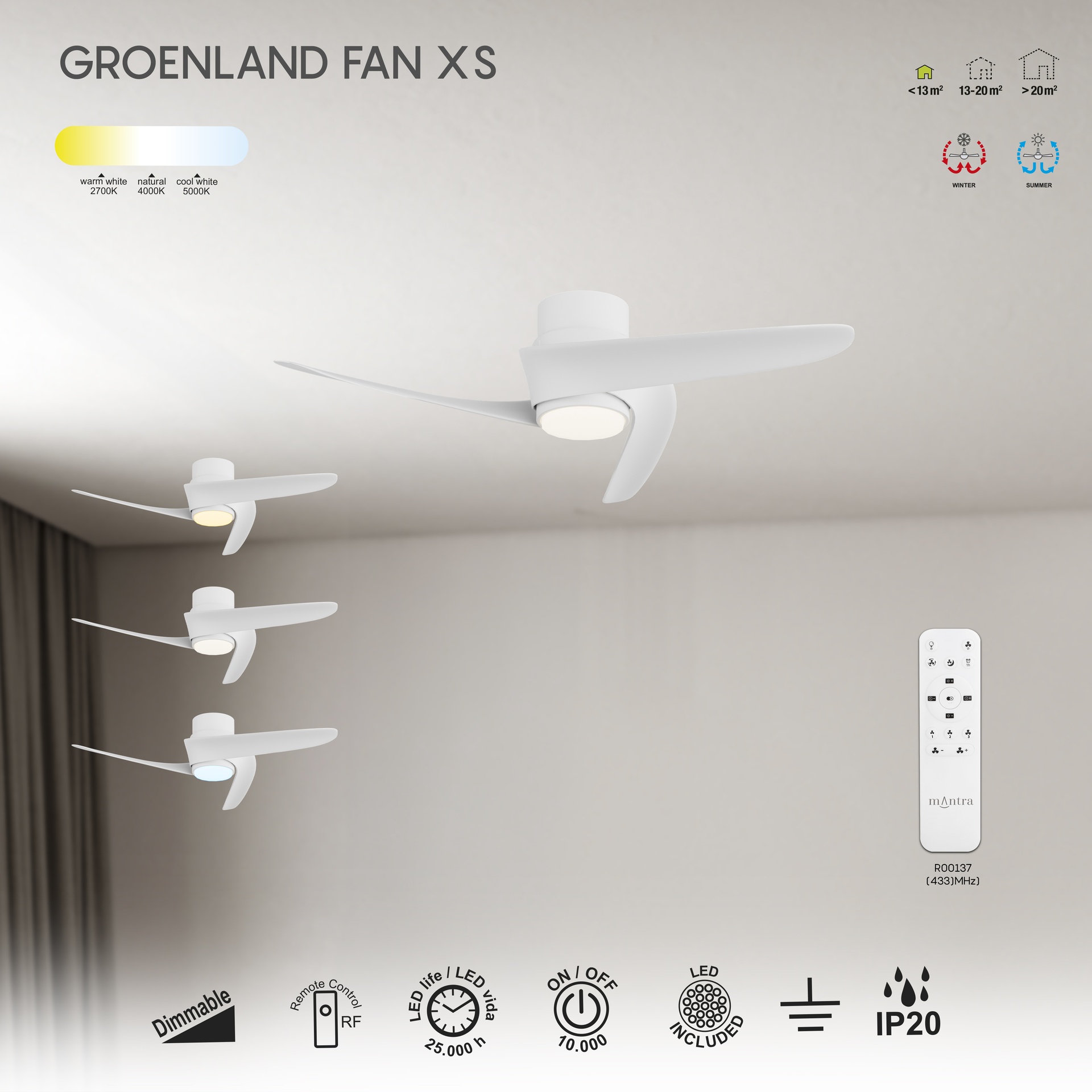 Groenland XS · Ventilador de aspas con luz · Blanco