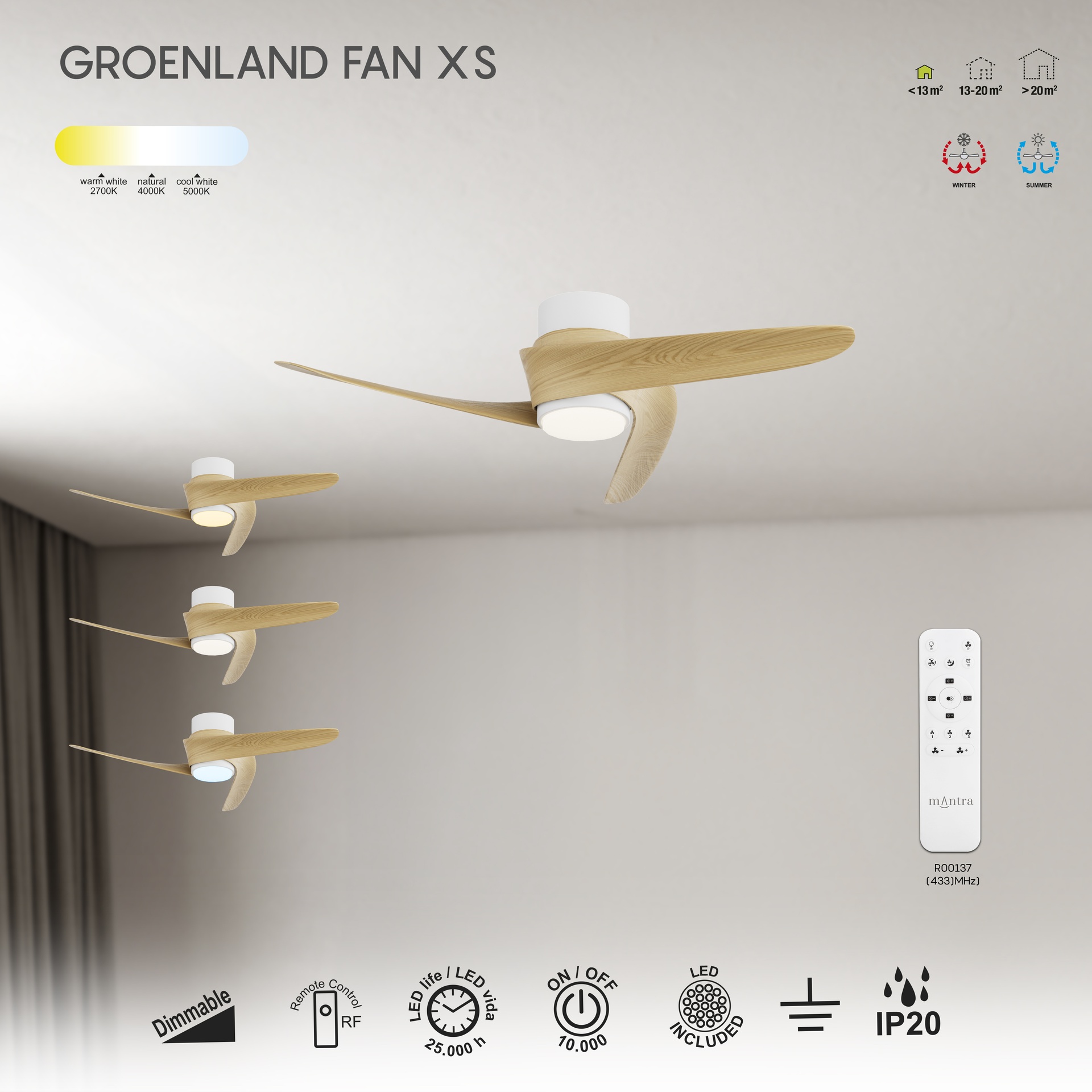 Groenland XS · Ventilador de aspas con luz · Madera