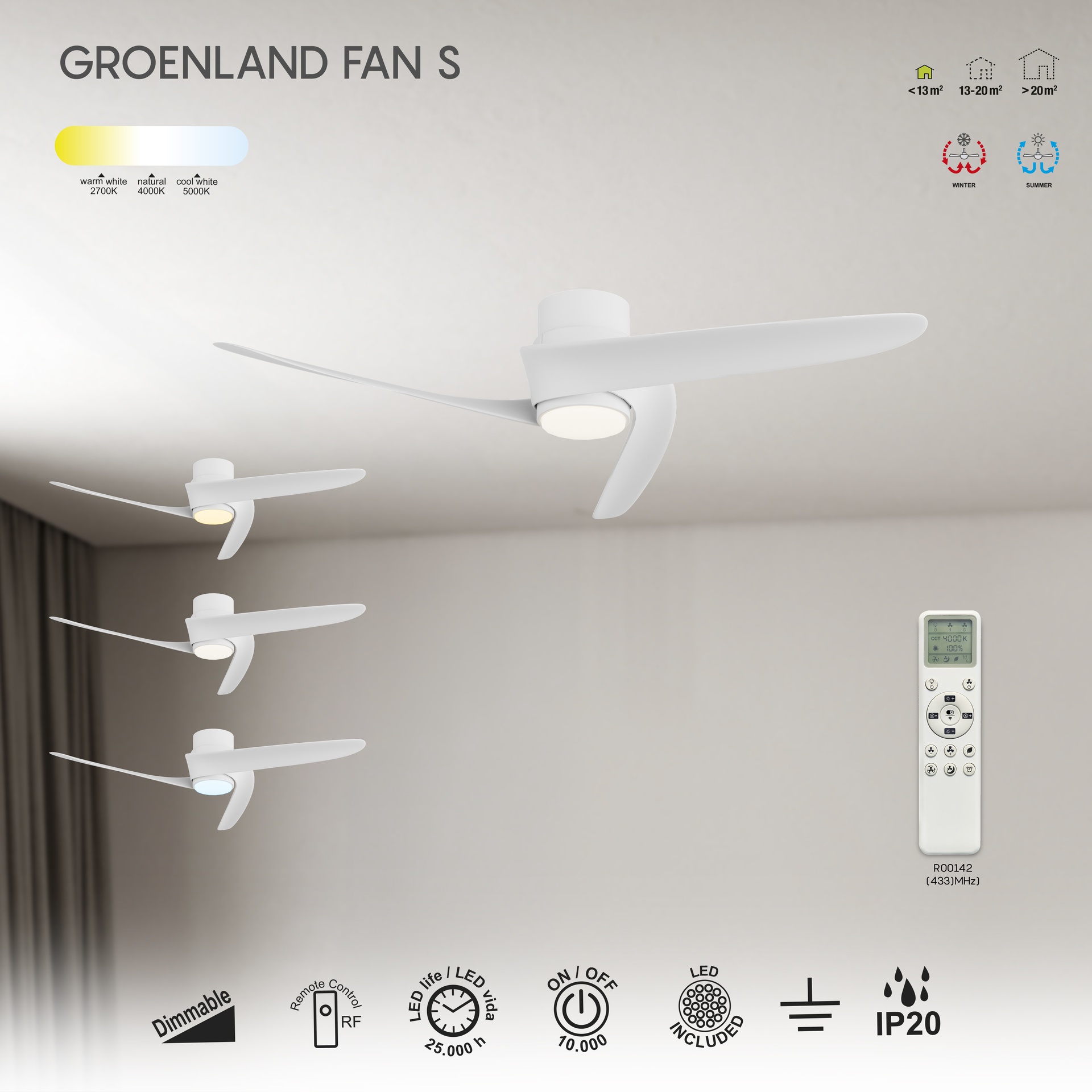 Groenland S · Ventilador de aspas con luz · Blanco