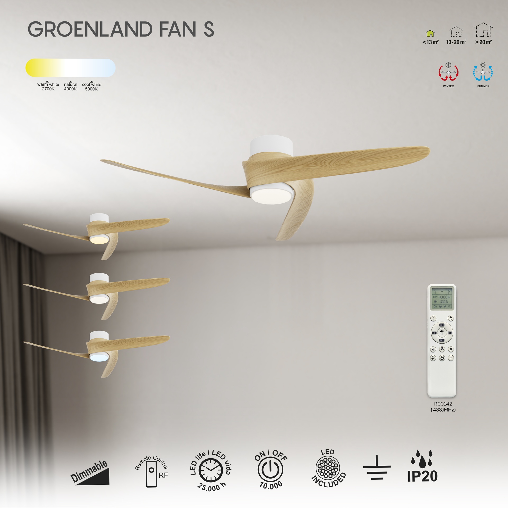 Groenland S · Ventilador de aspas con luz · Blanco / Madera