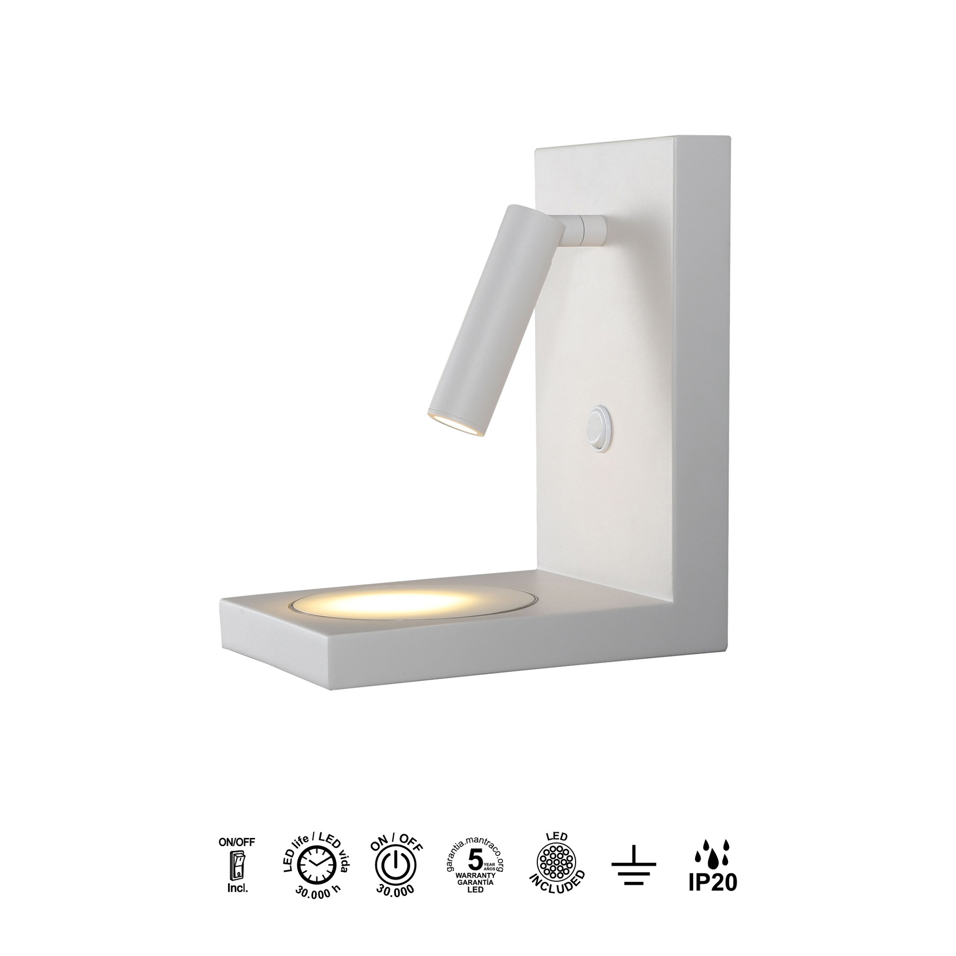 ZANZIBAR * LED WALL LAMP WHITE 3W WITH MOBILE INDUCTION CHARGER 
