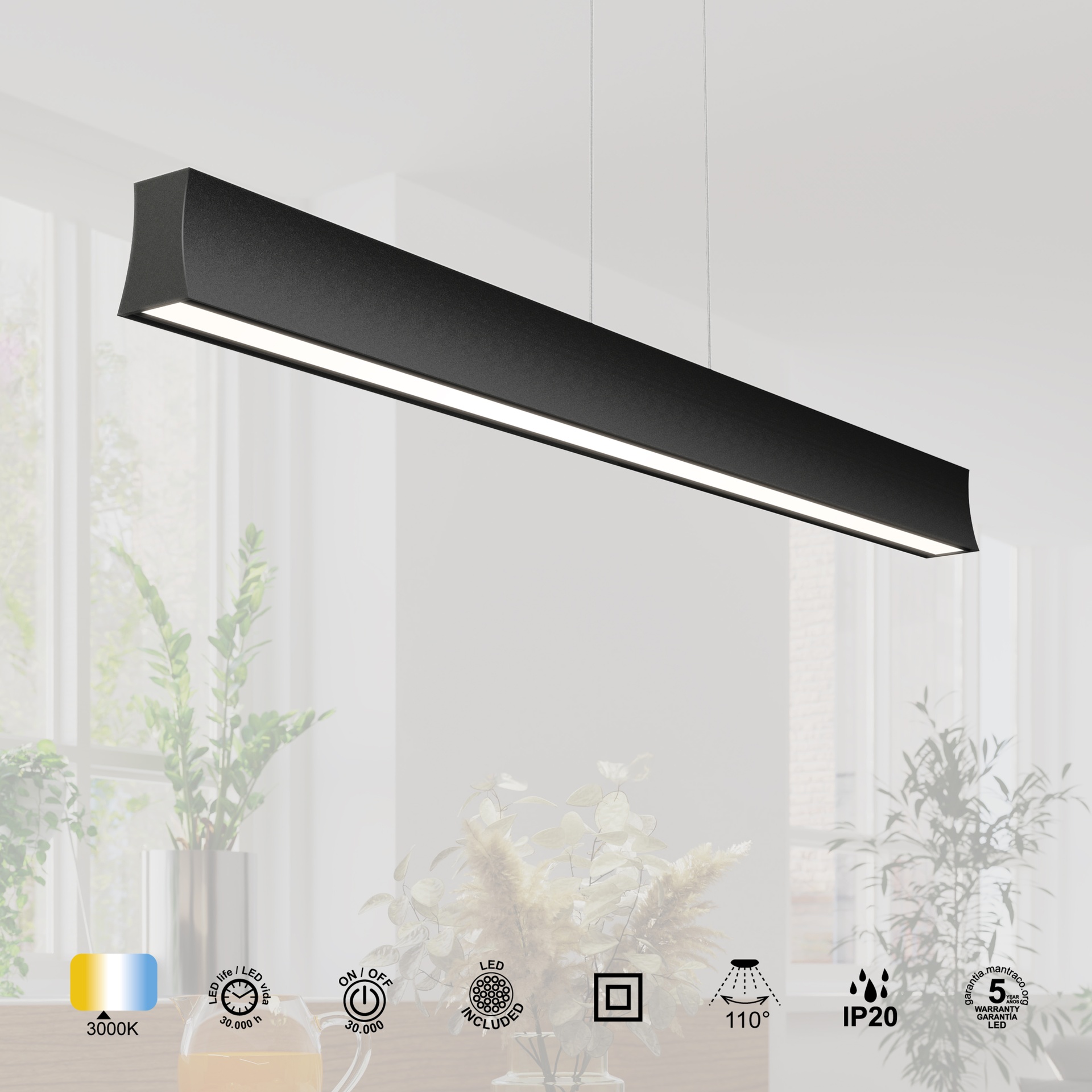 HANOK * LAMPADA LINEALE LED 38W 3000K 110º NERA