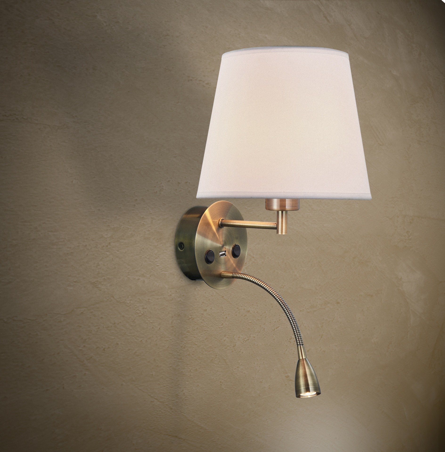 CAICOS * WALL LAMP ANTIQUE BRASS 1L E27+ LECTOR LED 3W 3000K + TYPE-C CHARGER