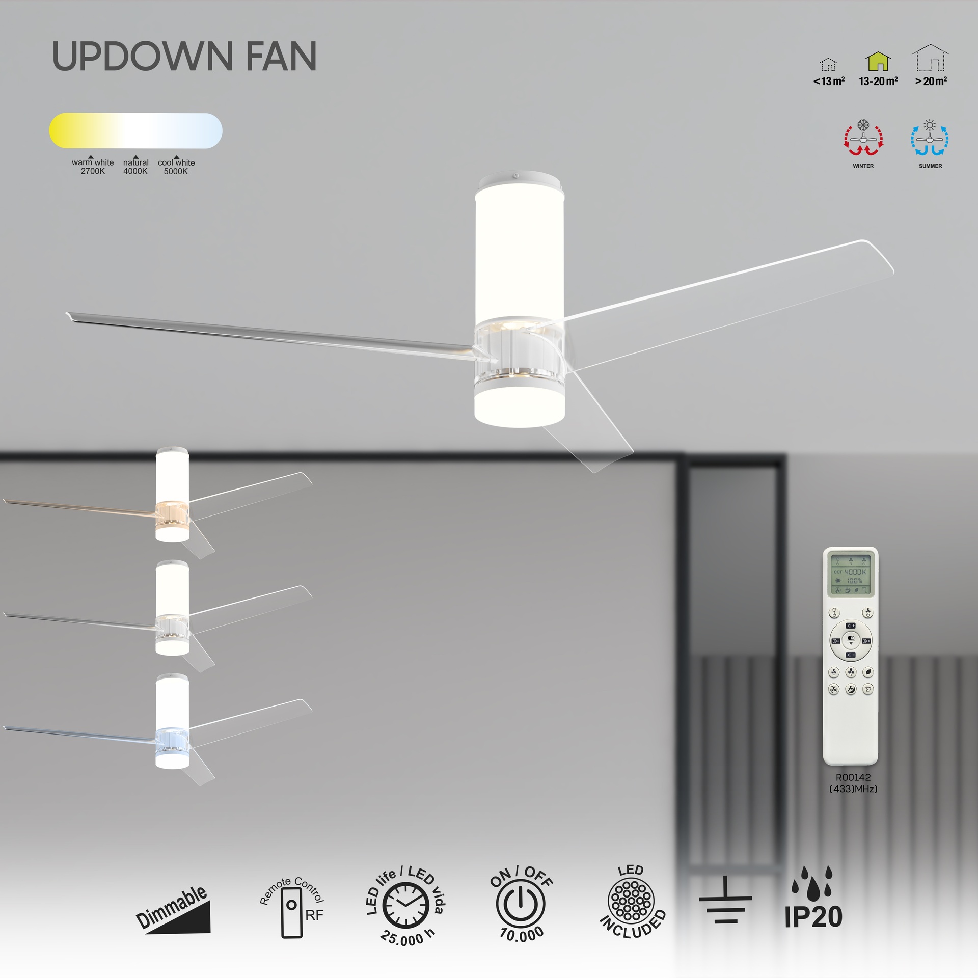 Up Down · Ventilador de aspas con luz · Blanco