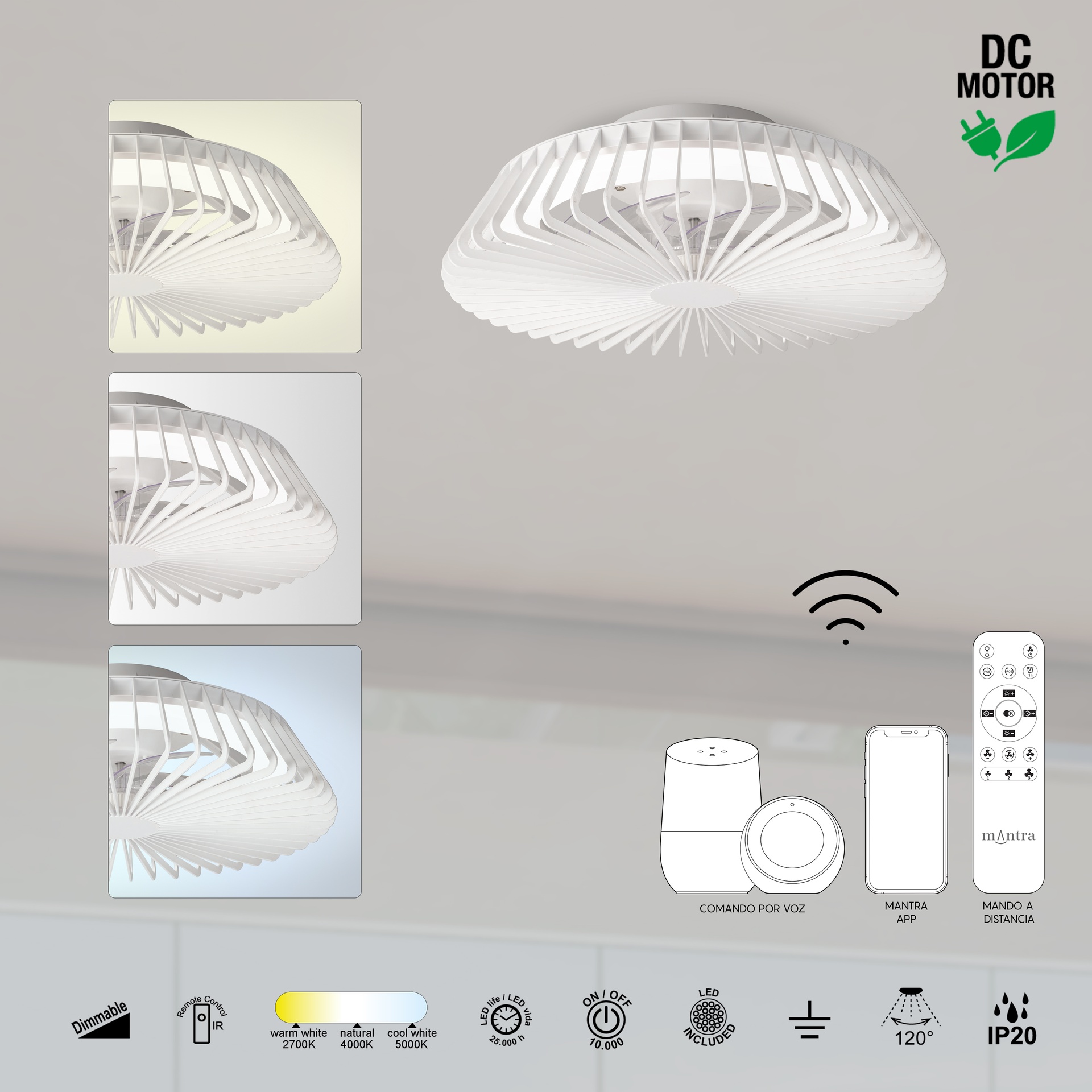 HIMALAYA * VENTILATORE BIANCO 35W PLAFONIERA LED 70W CON TELECOMANDO Y APP