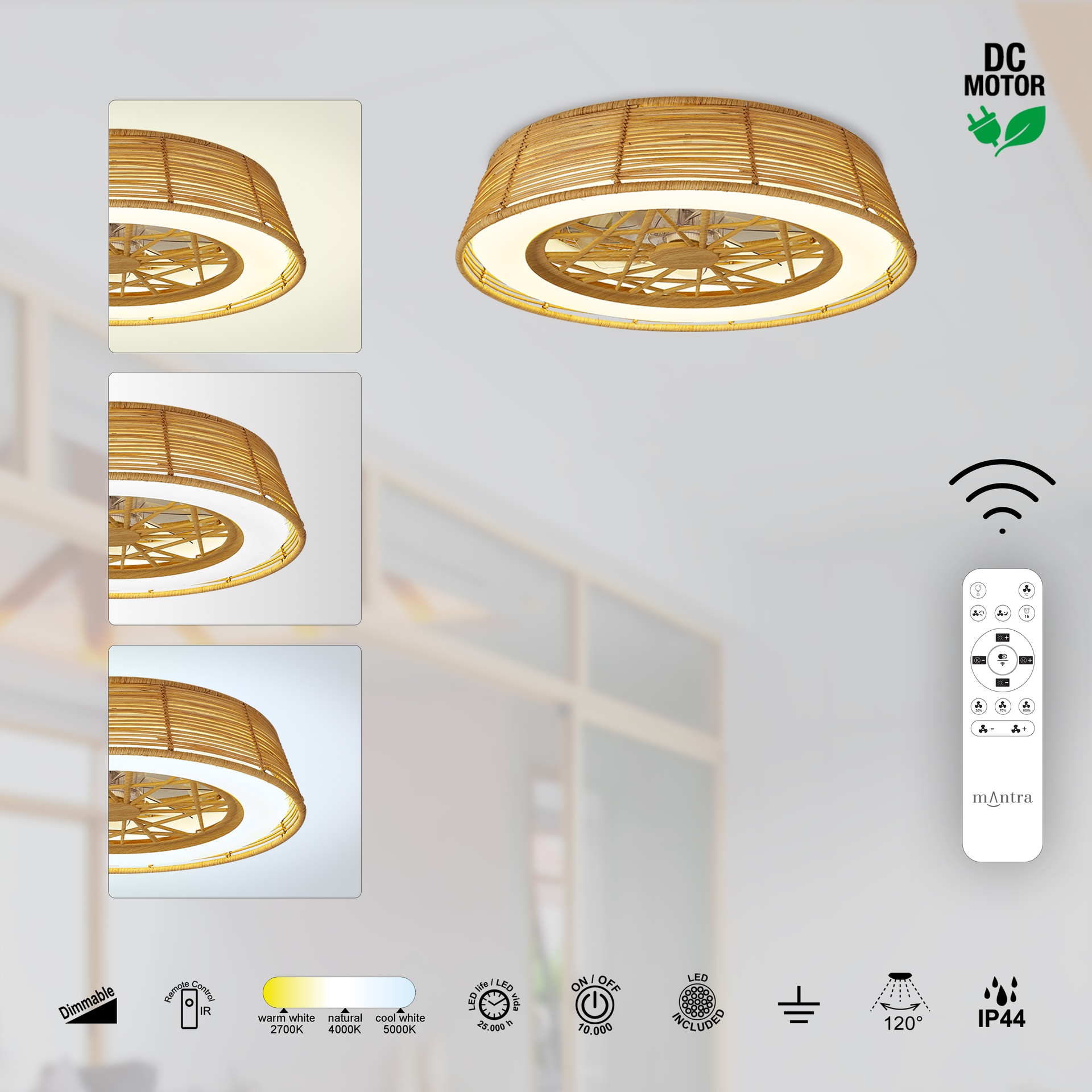 Indonesia Mini · Plafón-ventilador de aspas ocultas con luz · Roja