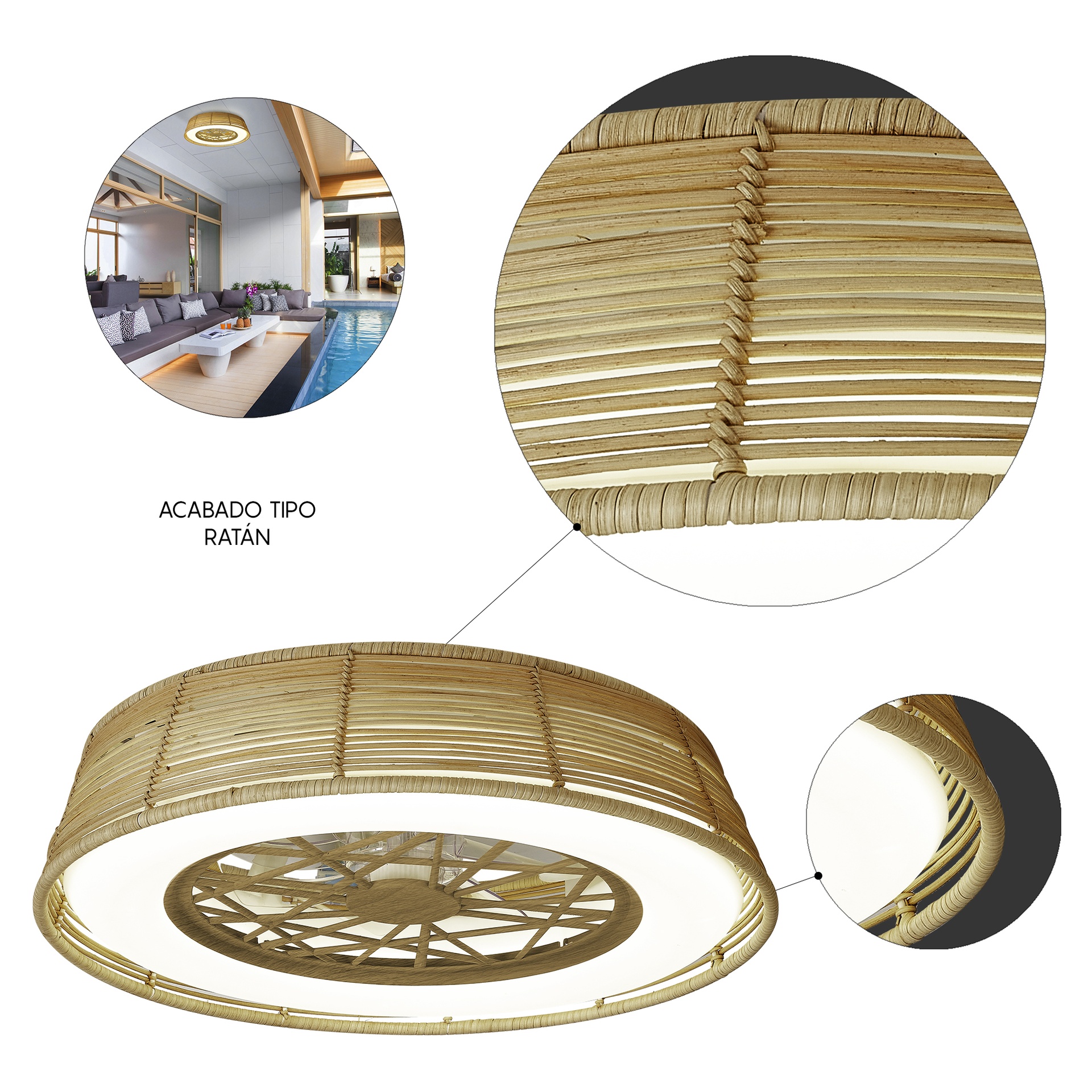 Indonesia Mini · Plafón-ventilador de aspas ocultas con luz · Roja