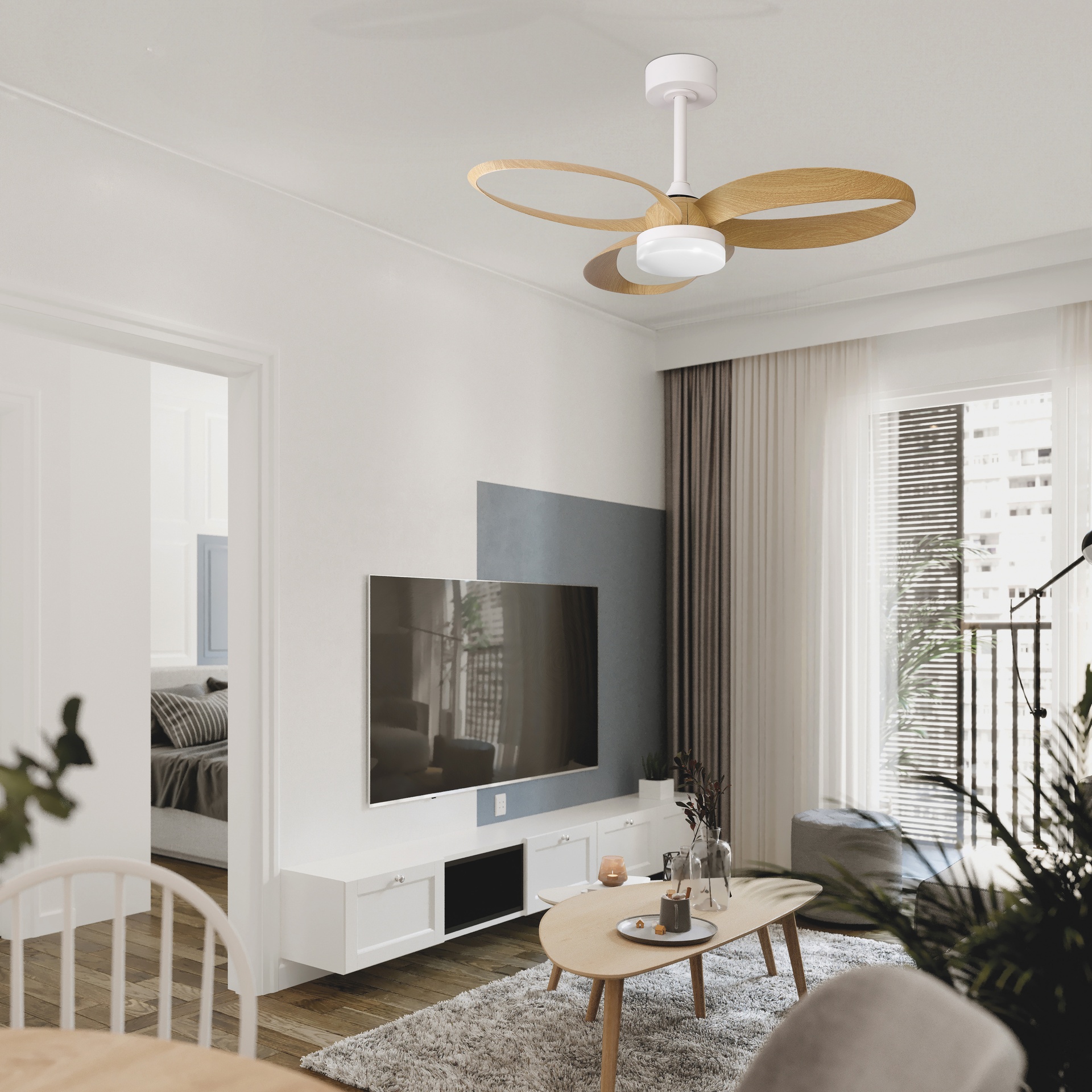 Infinity fan · Ventilador de aspas con luz · Blanco / Madera