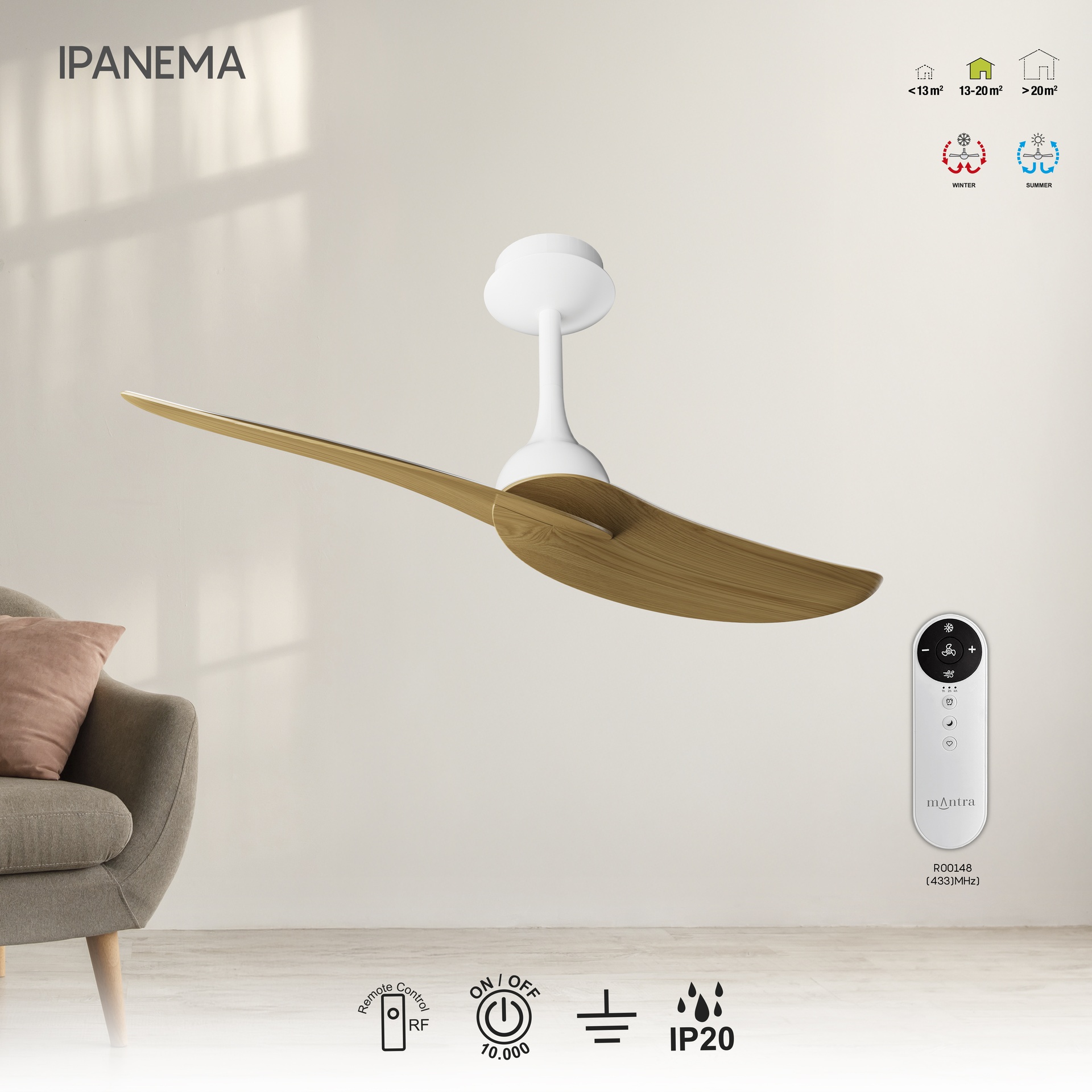 Ipanema · Ventilador de aspas sin luz · Blanco / Madera