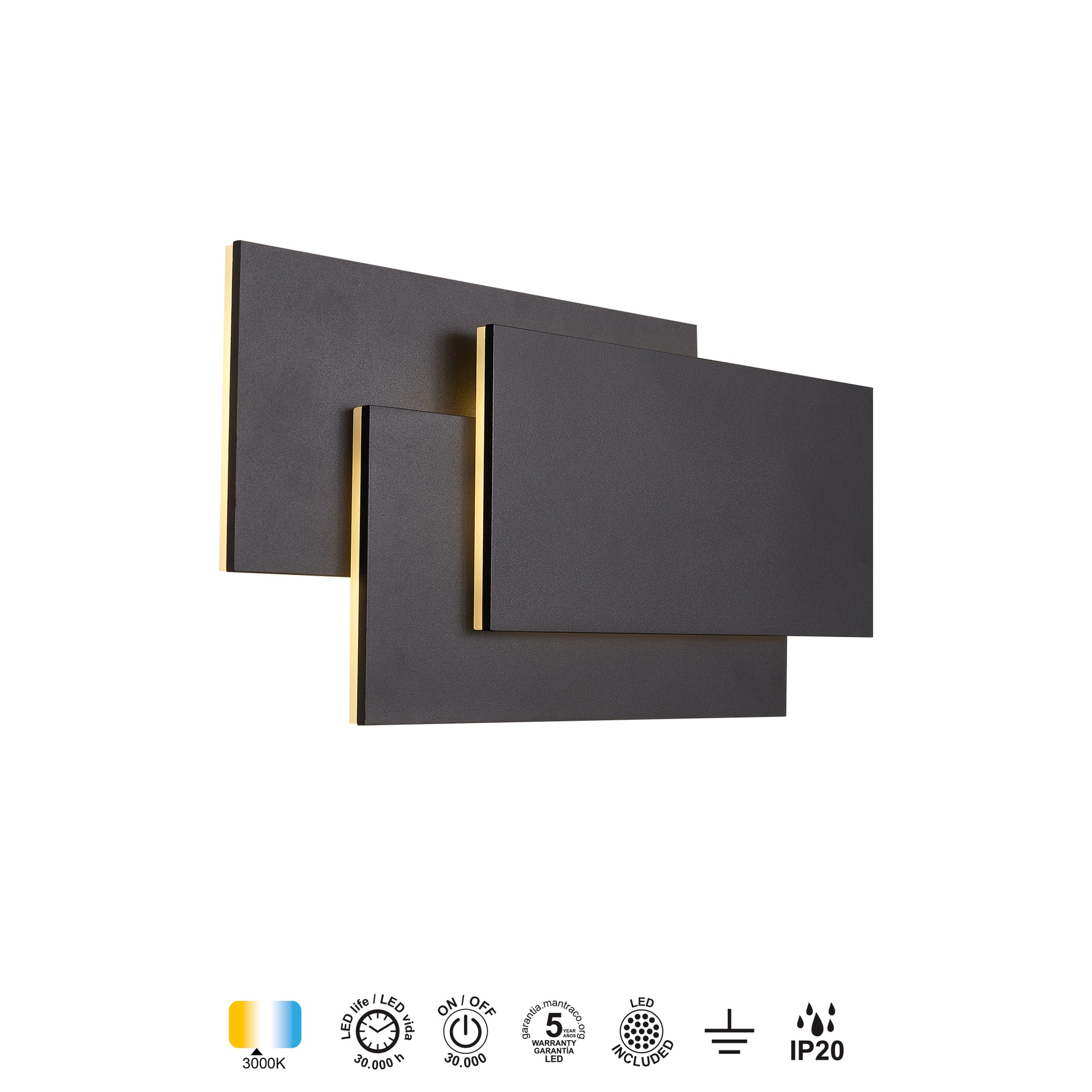 TAHITI XL * APPLIQUE GRANDE LED QUADRATOS 36W - NERO - 3000K