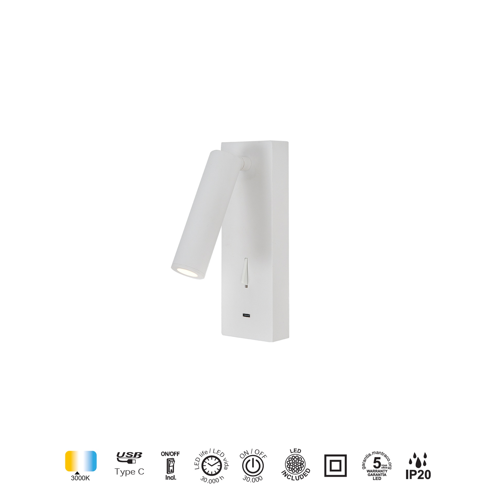 TARIFA III * APPLIQUE LETTORE LED 3W 3000K BIANCO TYPE-C CARICATORE