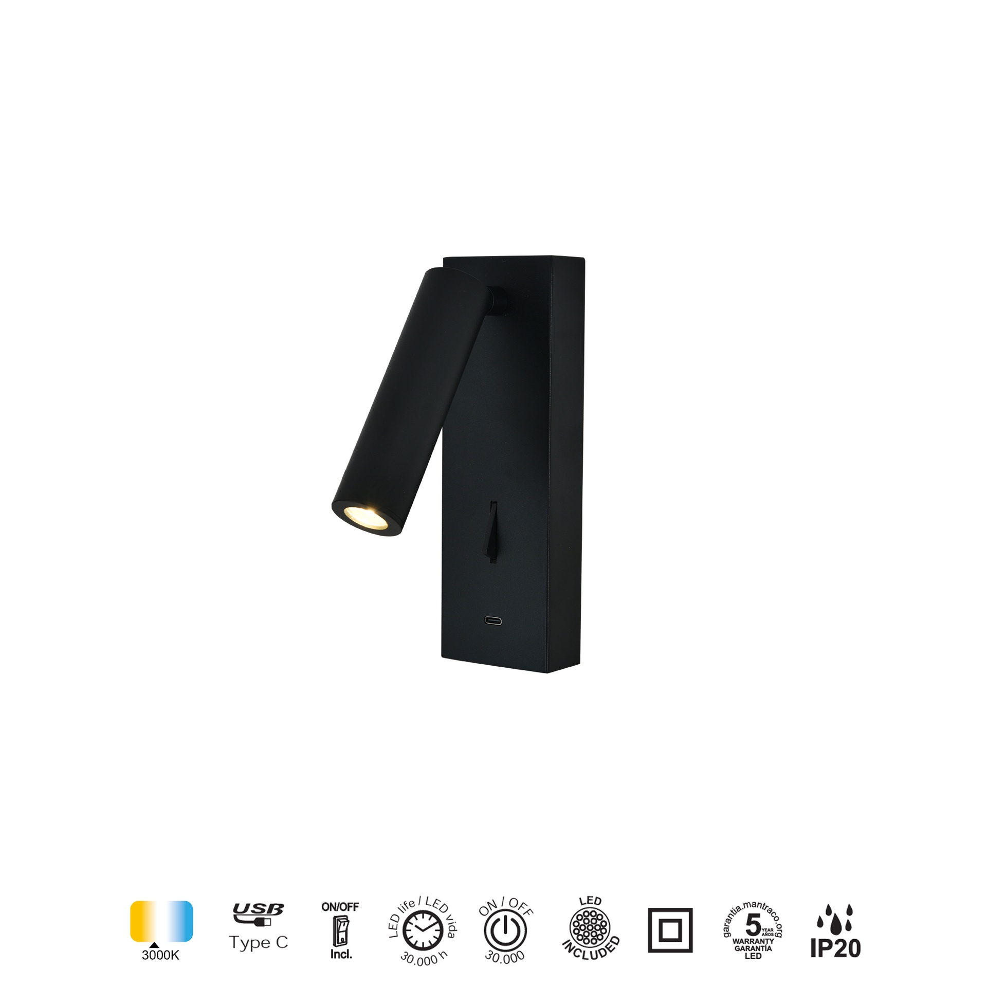TARIFA III * APLIQUE LECTOR LED 3W 3000K NEGRO TYPE-C CARGADOR