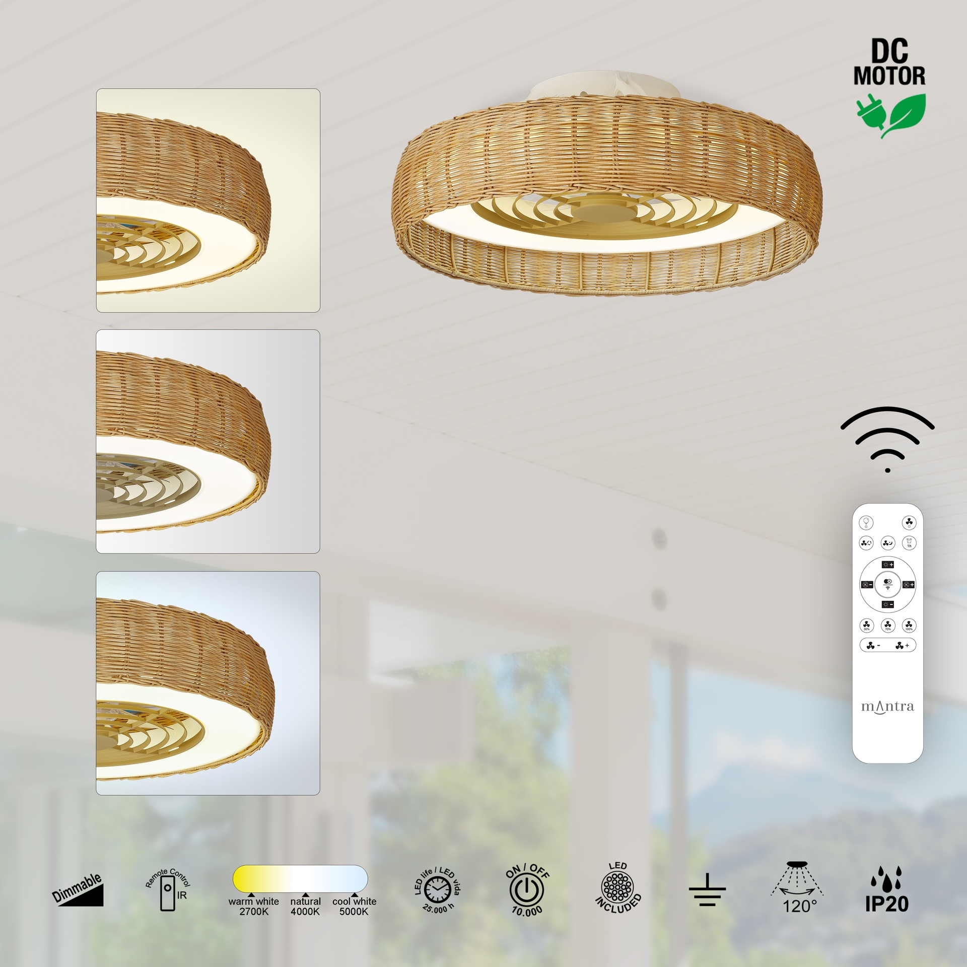 KILIMANJARO * FAN LED CEILING IP44 RATAN WITH REMOTE CONTROL