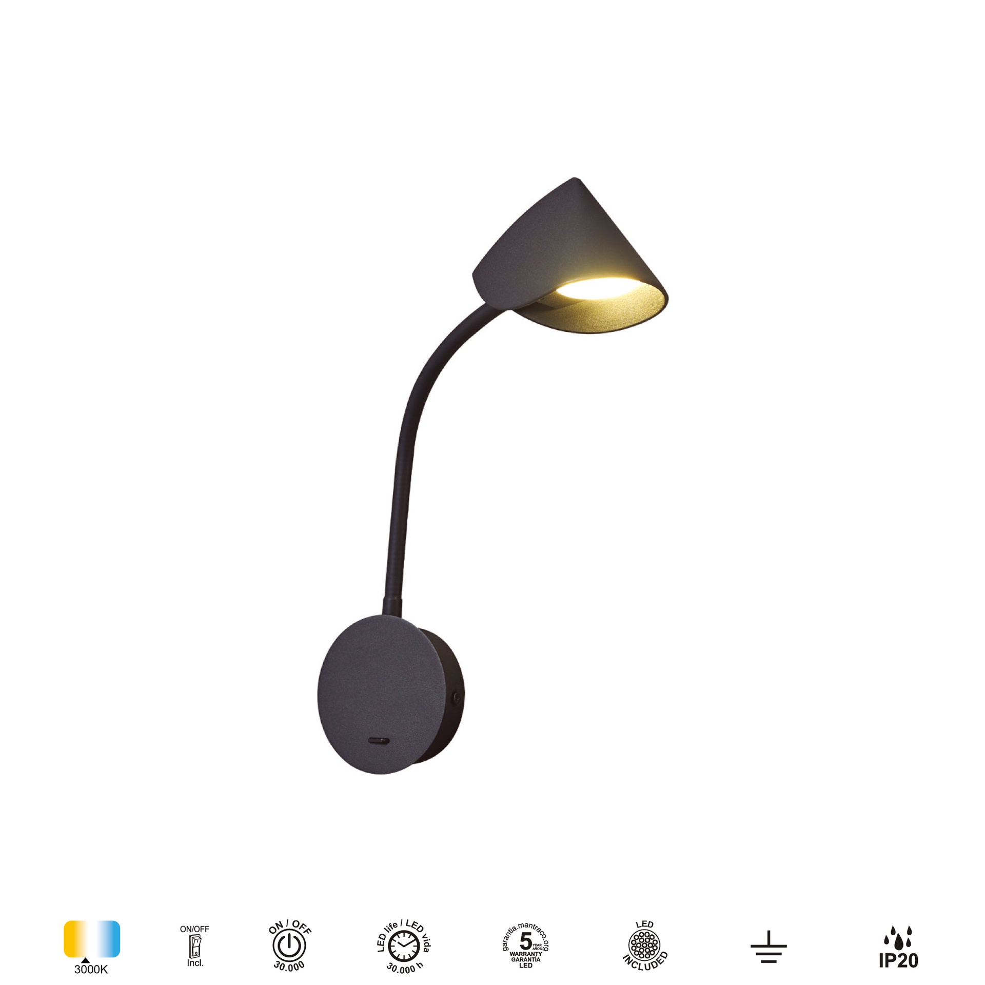 GOA * APPLIQUE LED BRACCIO LETTORE 6W 3000K NERO
