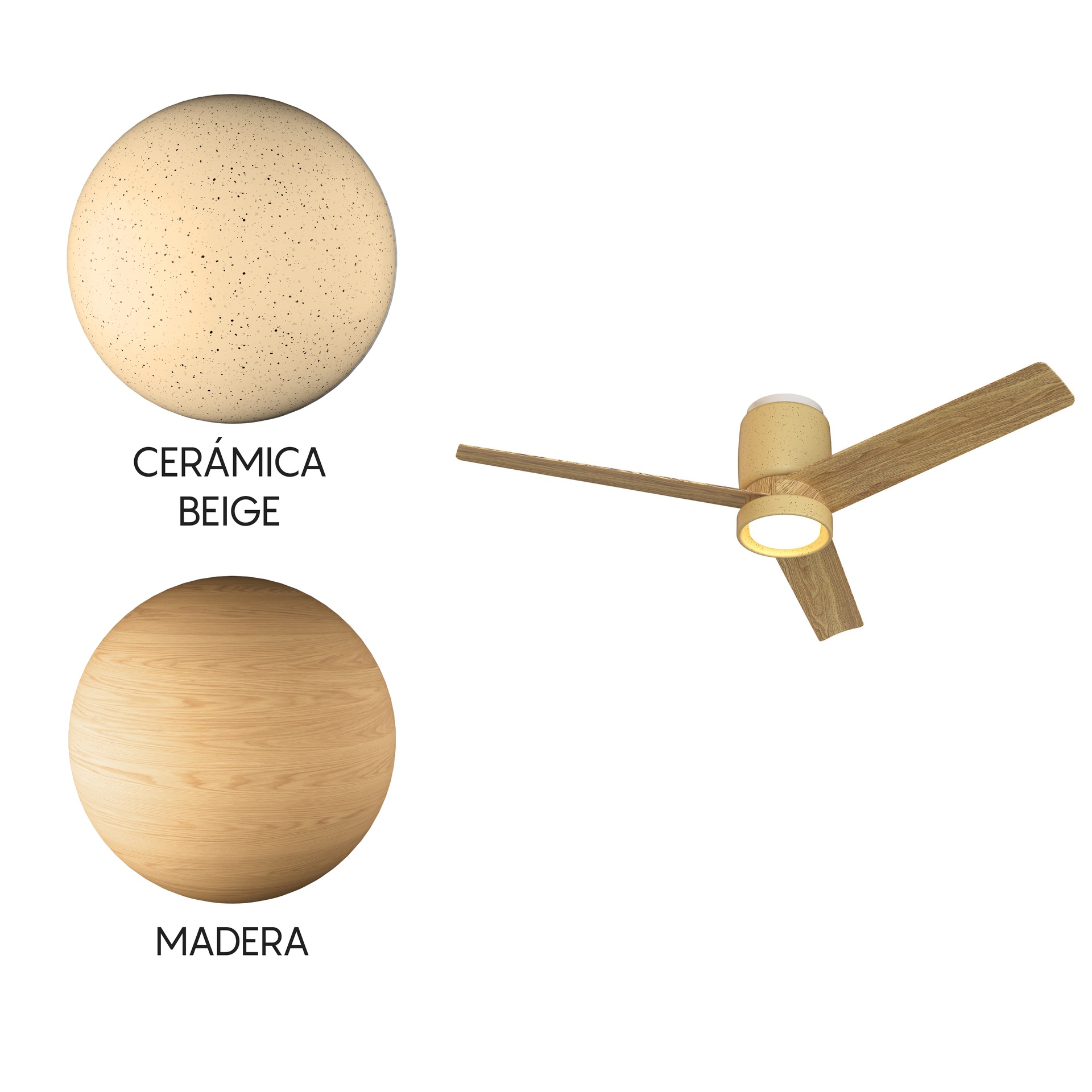 Cerámica M · Ceiling fan with light · Beige ceramic + Wood
