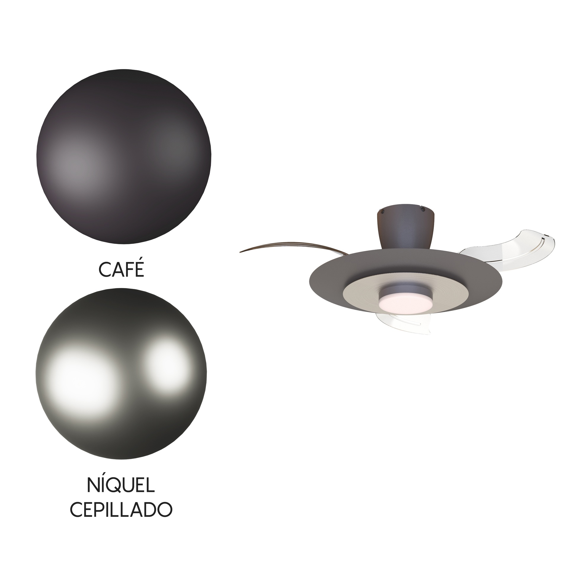 Kyoto · Ventilador de aspas desplegables con luz · Café/ Niquel cepillado