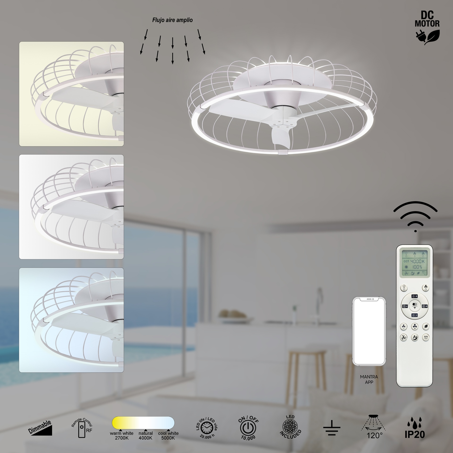 ***DES*** NATURE * VENTILATORE A SOFFITTO LED BIANCO CON TELECOMANDO