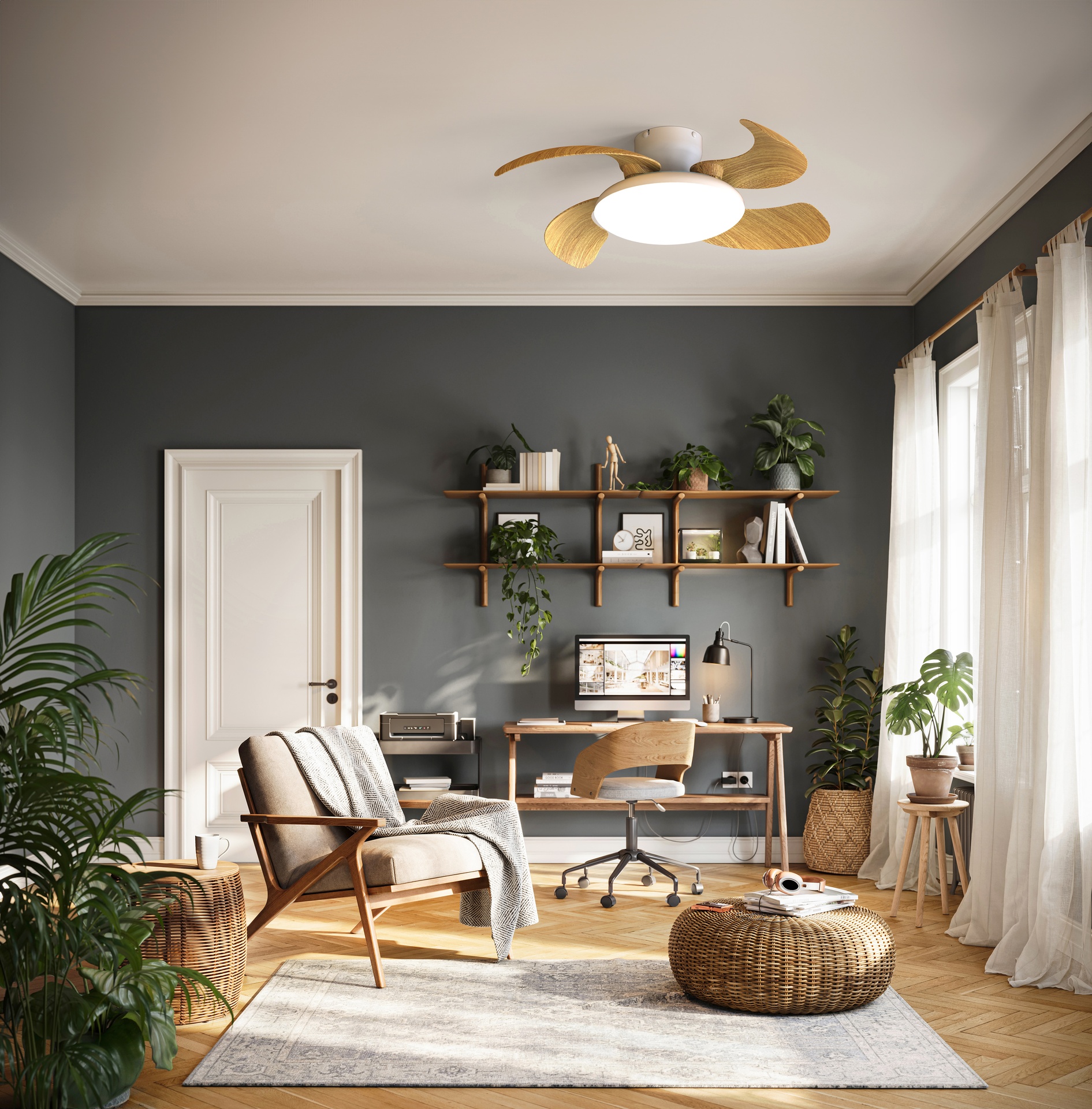 Aloha II · Ceiling fan with retractable blades and light · White / Wood