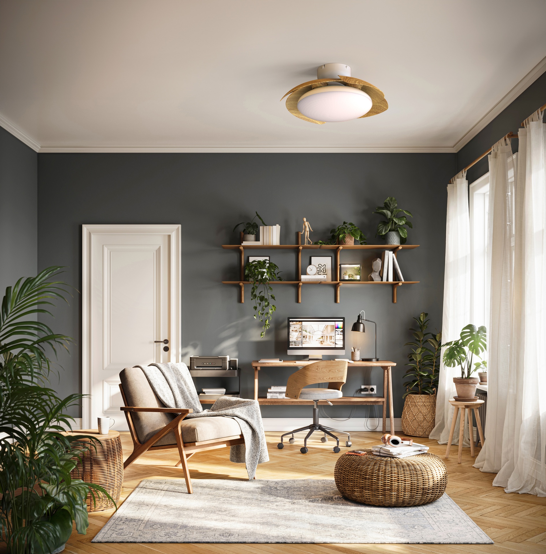 Aloha II · Ceiling fan with retractable blades and light · White / Wood
