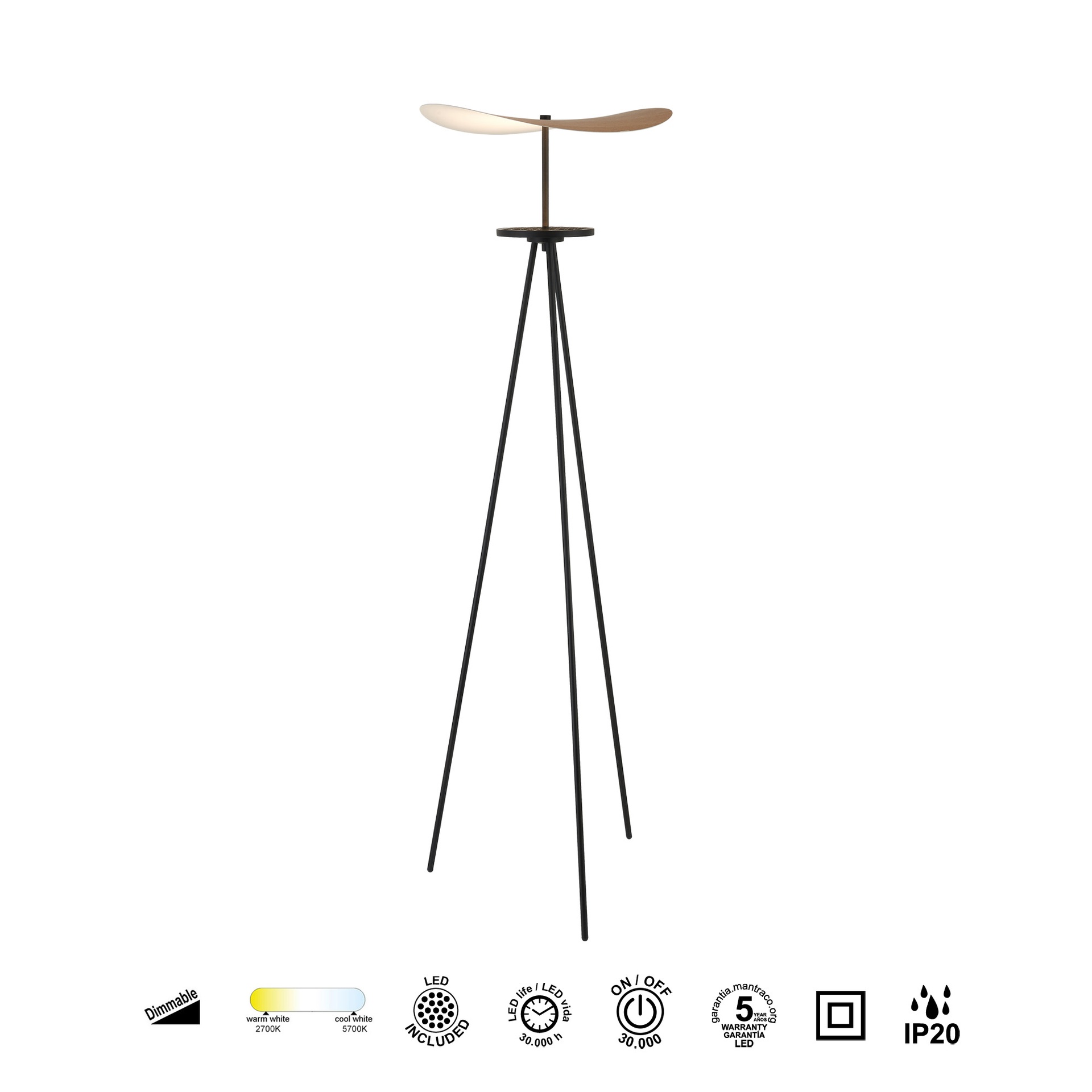 ABISAL * Lampada da terra LED 18W CCT 2700-5700K- Dimmerabile Legno naturale