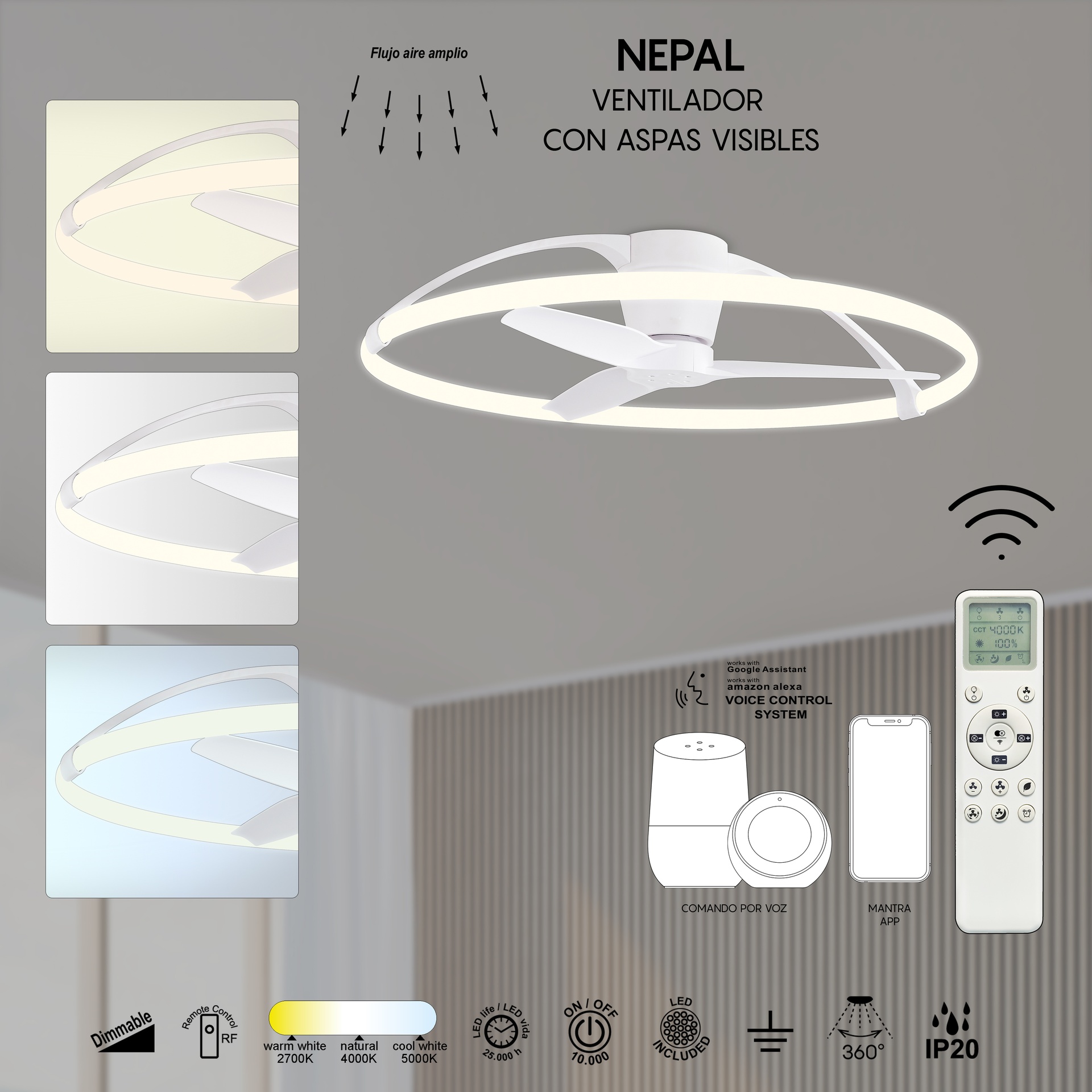 Nepal · Ventilador de aspas con luz · Blanco