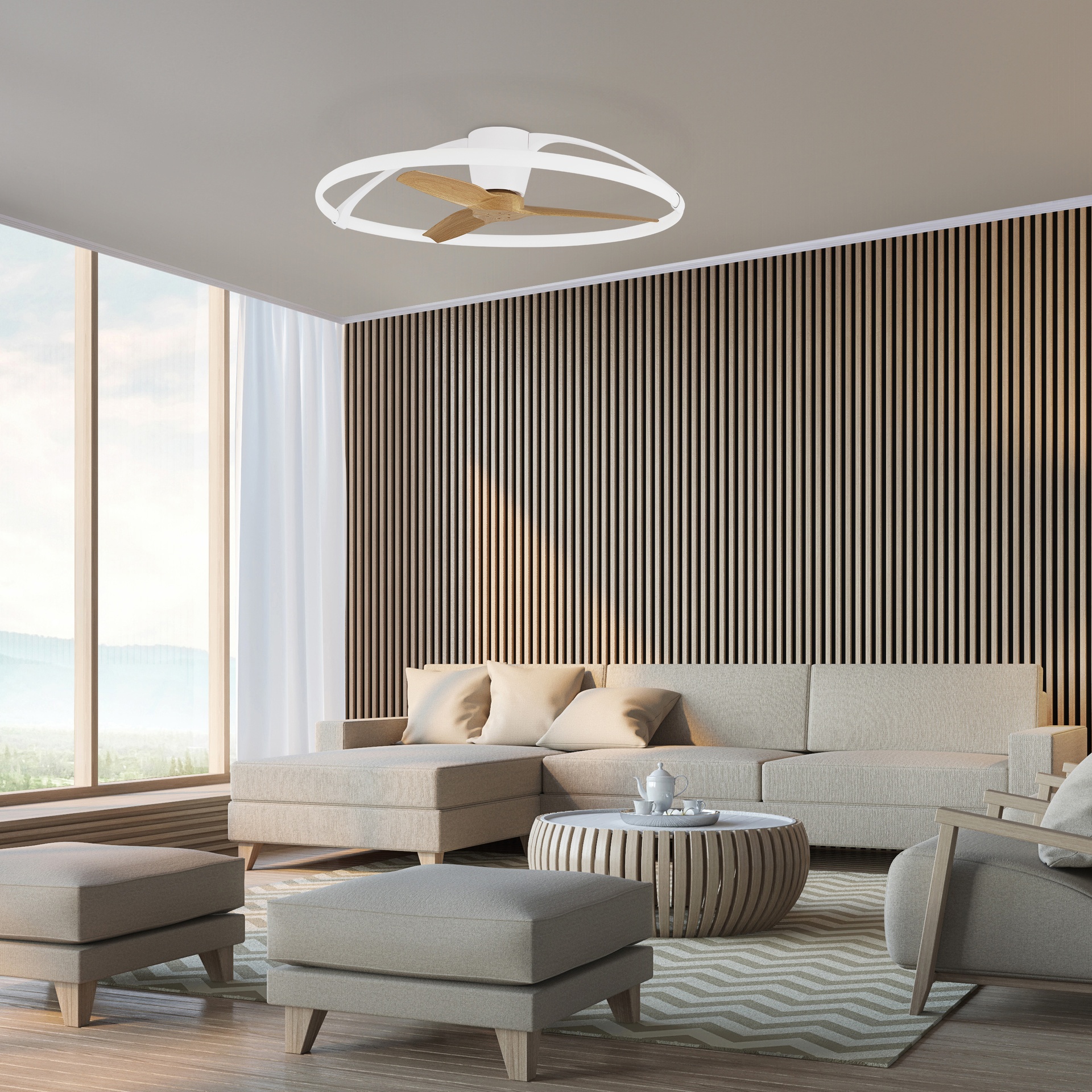 Nepal · Ventilador de aspas con luz · Blanco / Madera