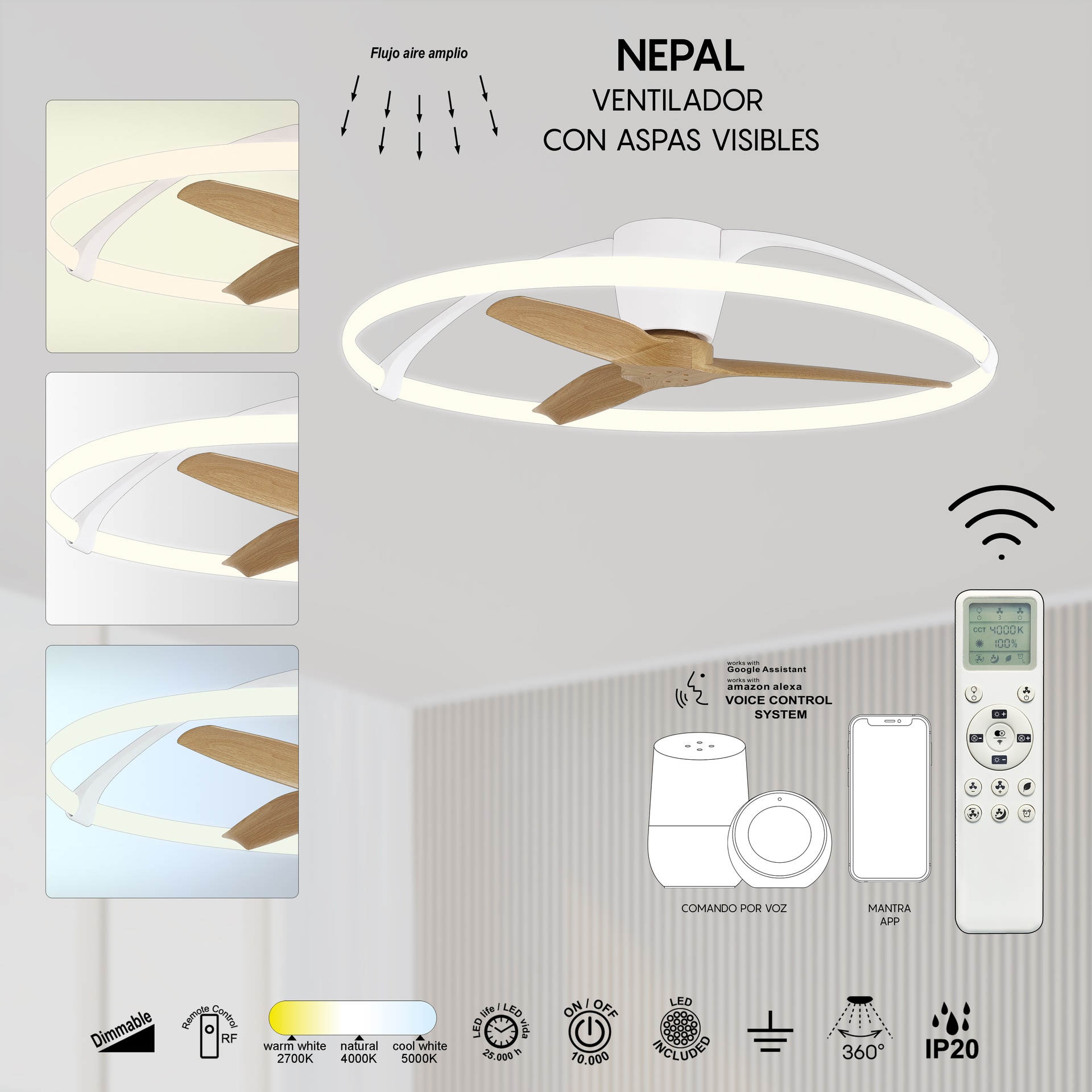 Nepal · Ventilador de aspas con luz · Blanco / Madera