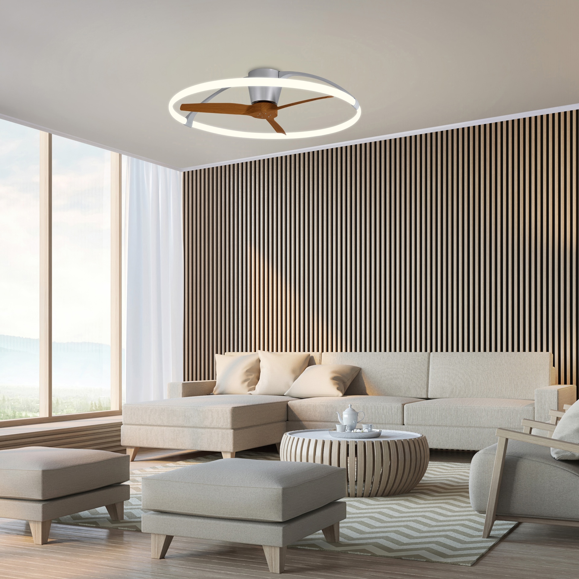 Nepal · Ventilador de aspas con luz · Plata / Nogal