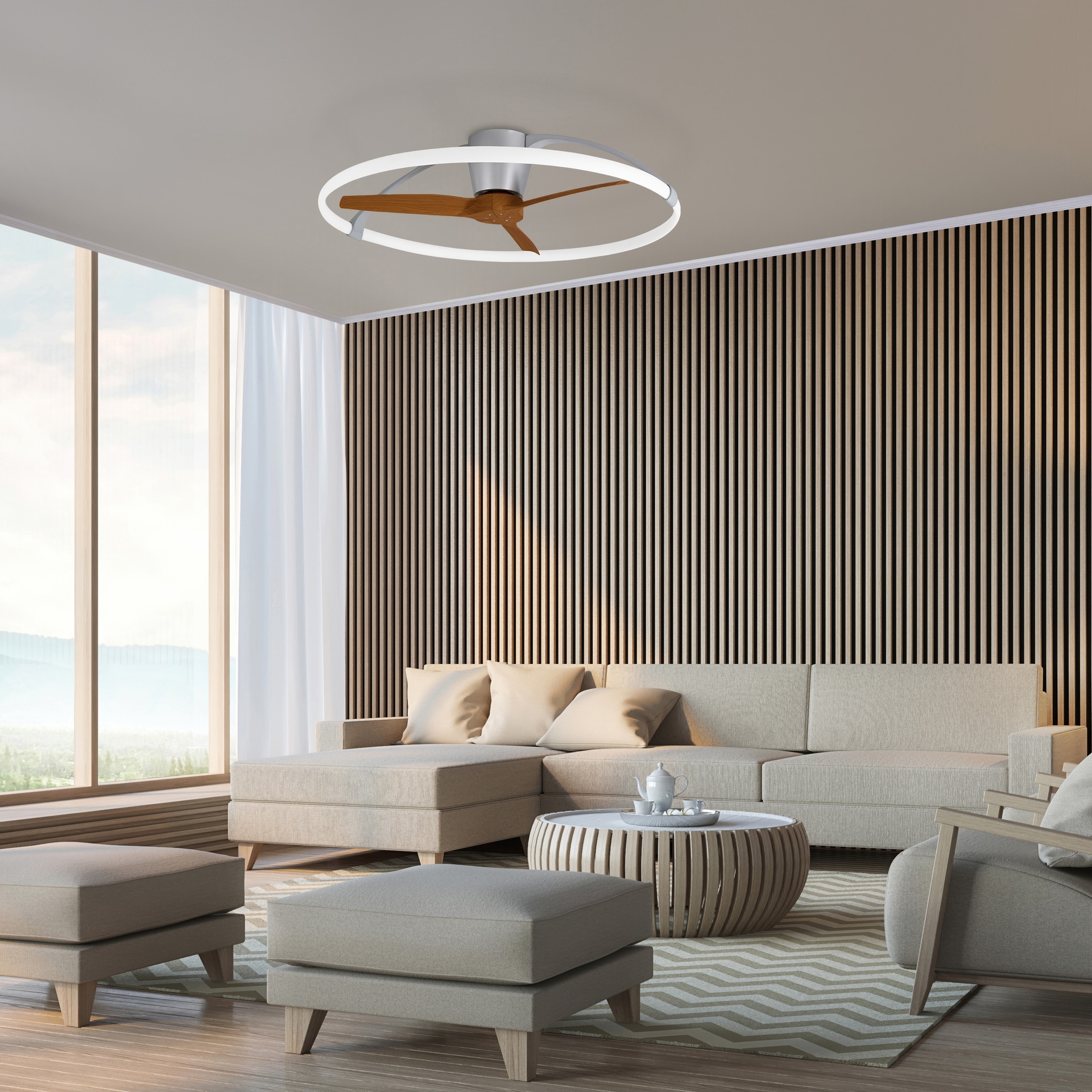Nepal · Ventilador de aspas con luz · Plata / Nogal