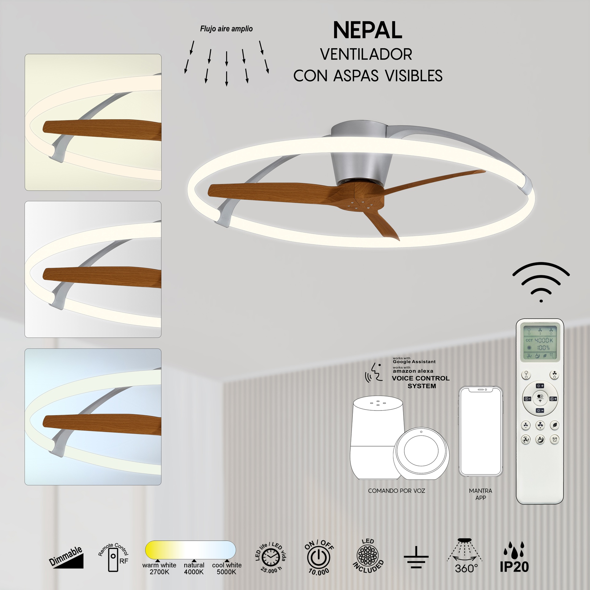Nepal · Ventilador de aspas con luz · Plata / Nogal